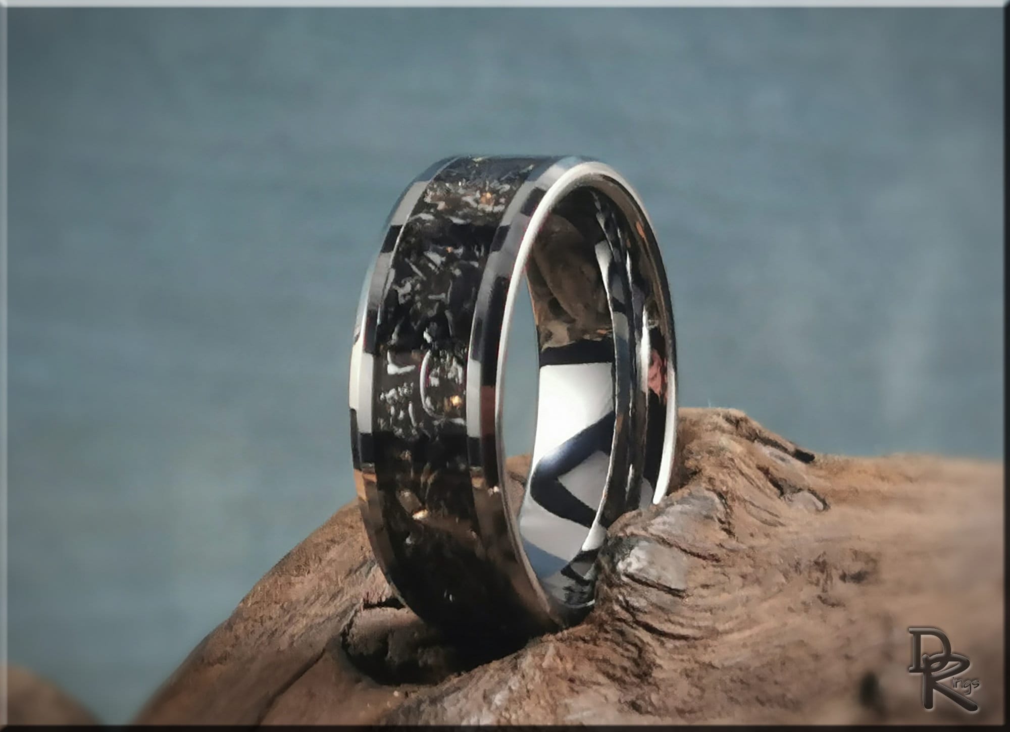 DR Rings tungsten ring with meteorite inlay featuring polished edges and unique textured center