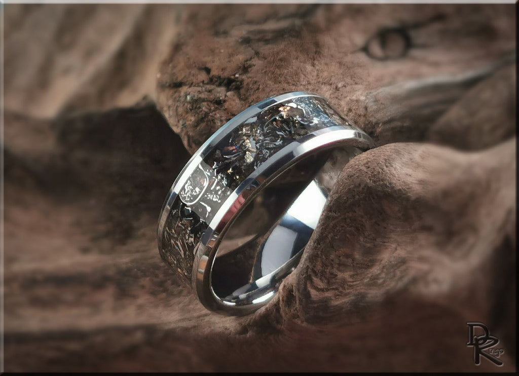 DR Rings tungsten ring with meteorite inlay showcasing a polished silver finish and unique textured inlay