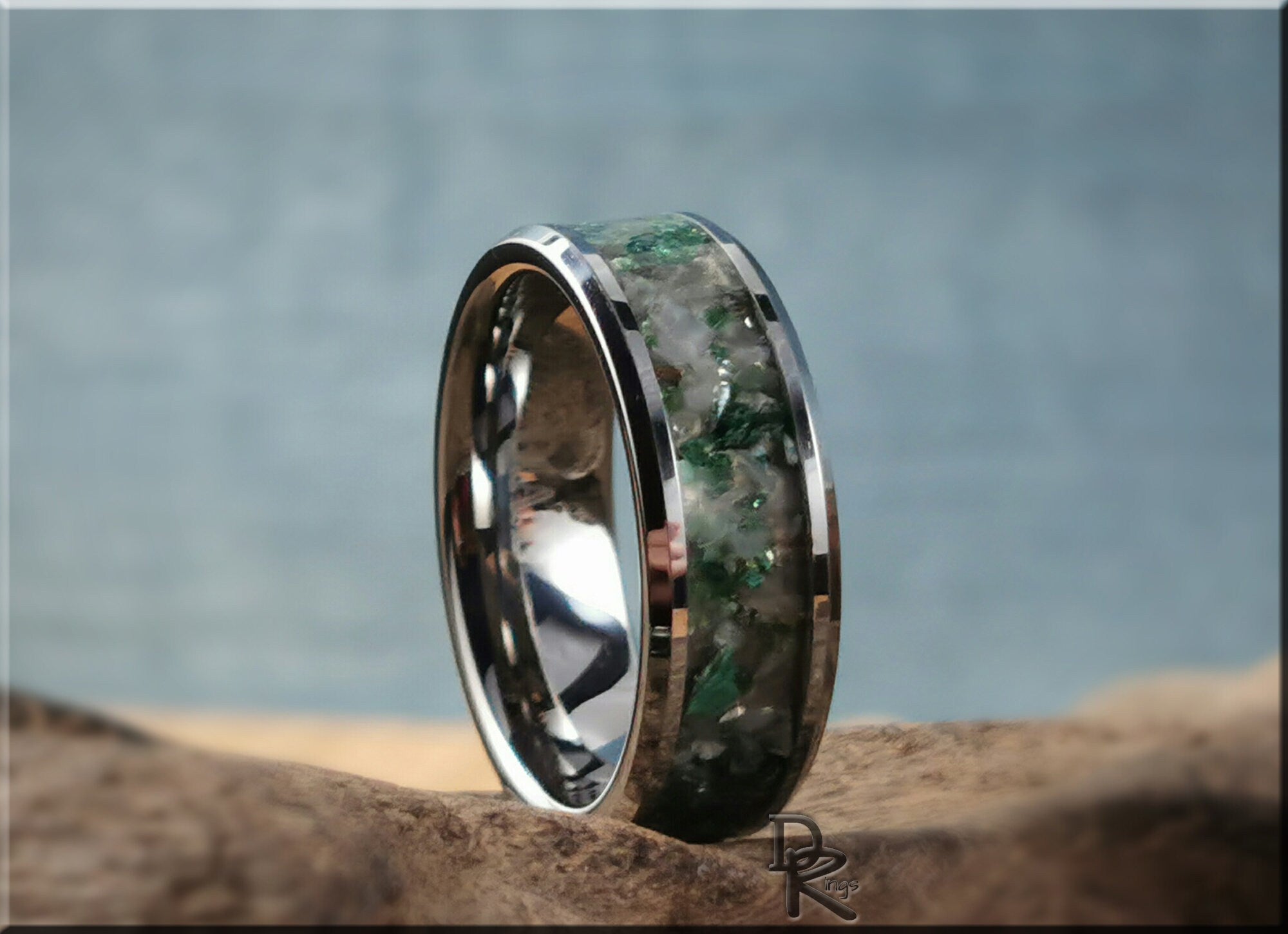 DR Rings tungsten ring with moonstone featuring green and white inlay design on a polished silver band