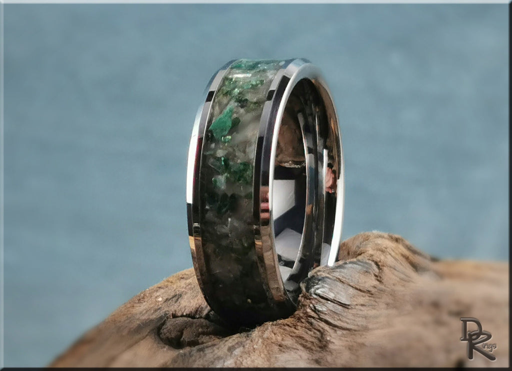 Tungsten ring with moonstone inlay featuring green and white stone details by DR Rings