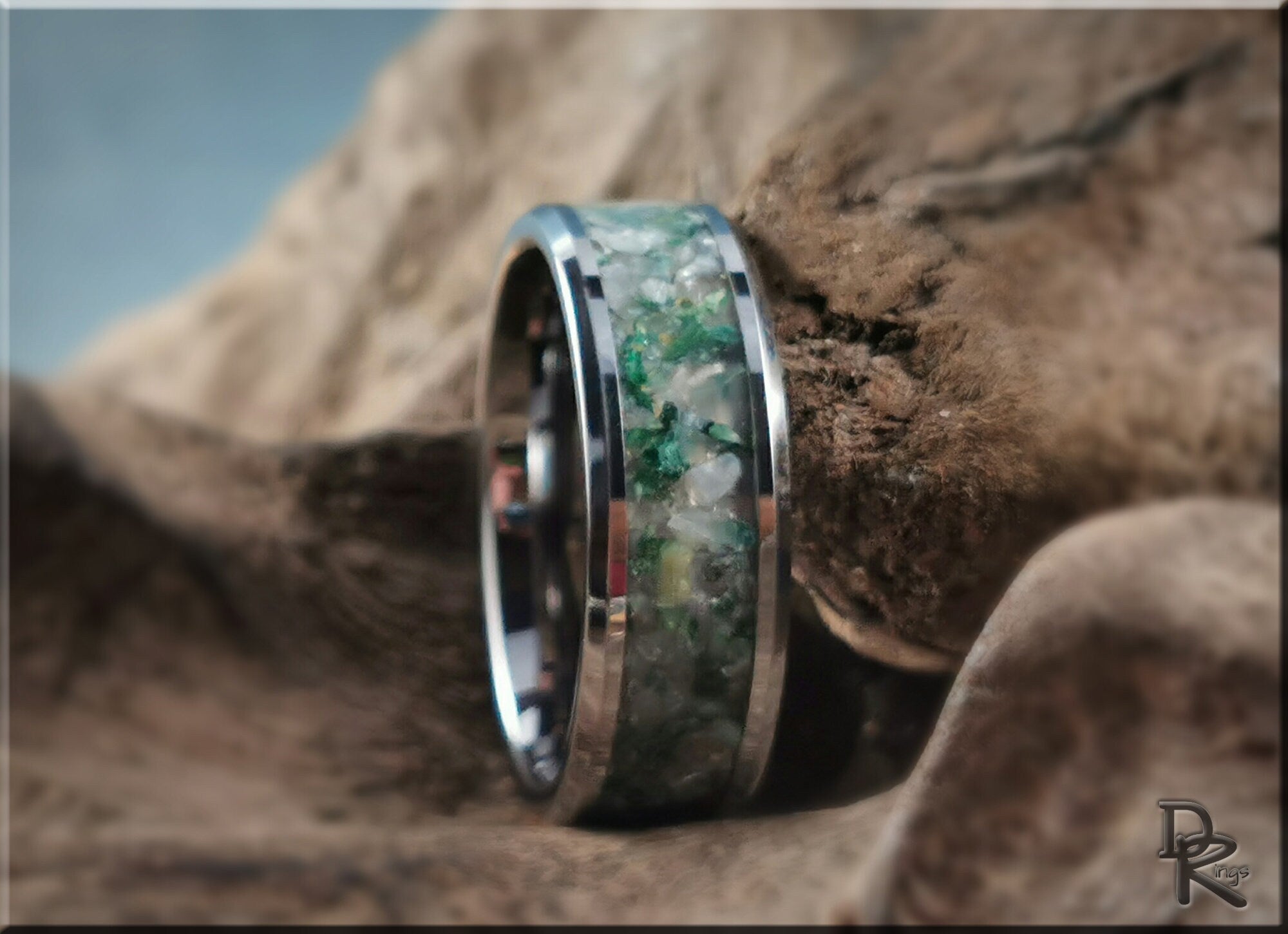 Tungsten ring with moonstone inlay featuring green and white stones by DR Rings