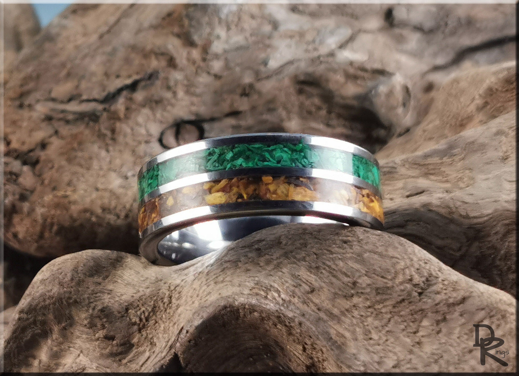 DR Rings stainless steel band ring with green and yellow inlay design featuring eye tigers accents