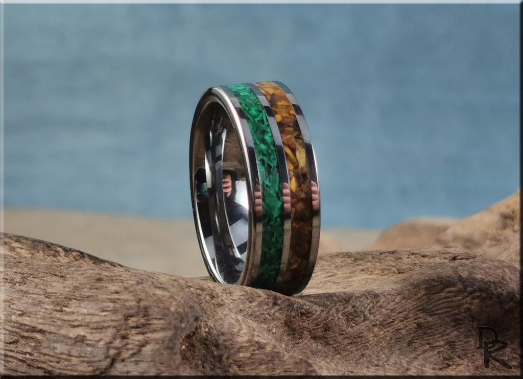 DR Rings eye tigers dual wood inlay men's ring with green and brown accents on black band