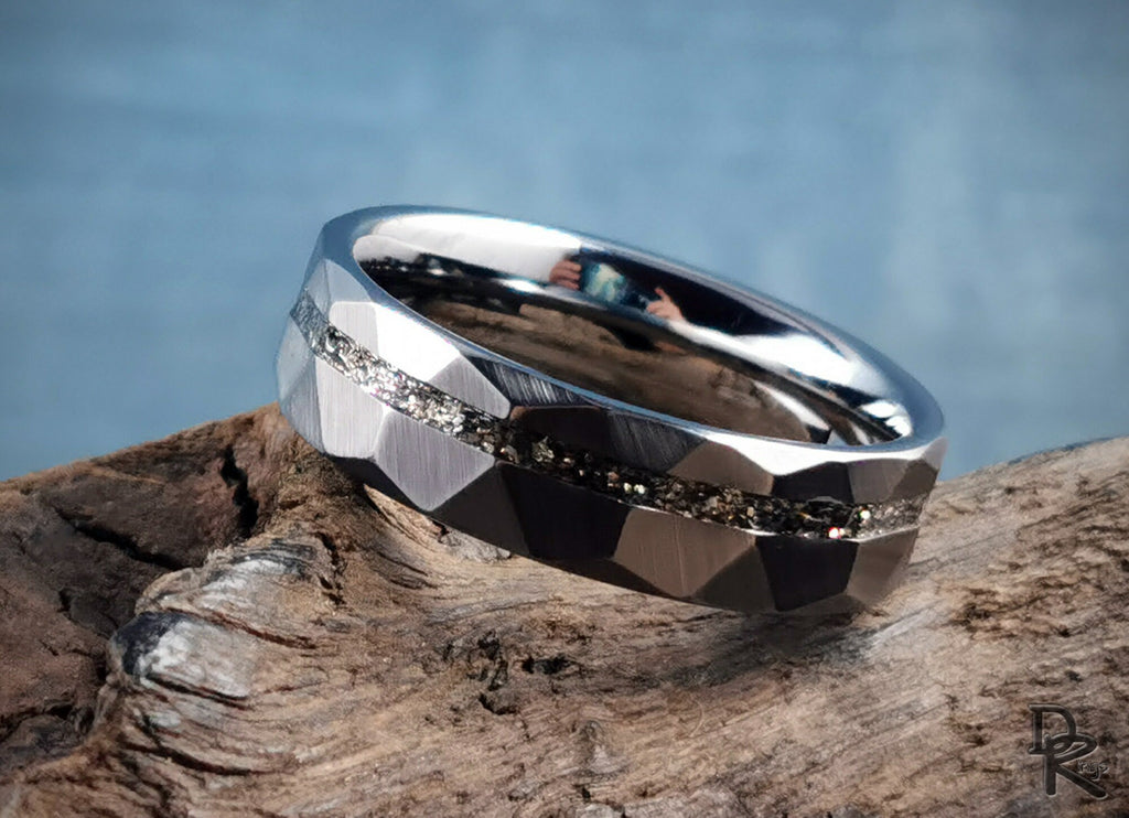 Hammered tungsten carbide ring with meteorite inlay featuring a faceted design by DR Rings