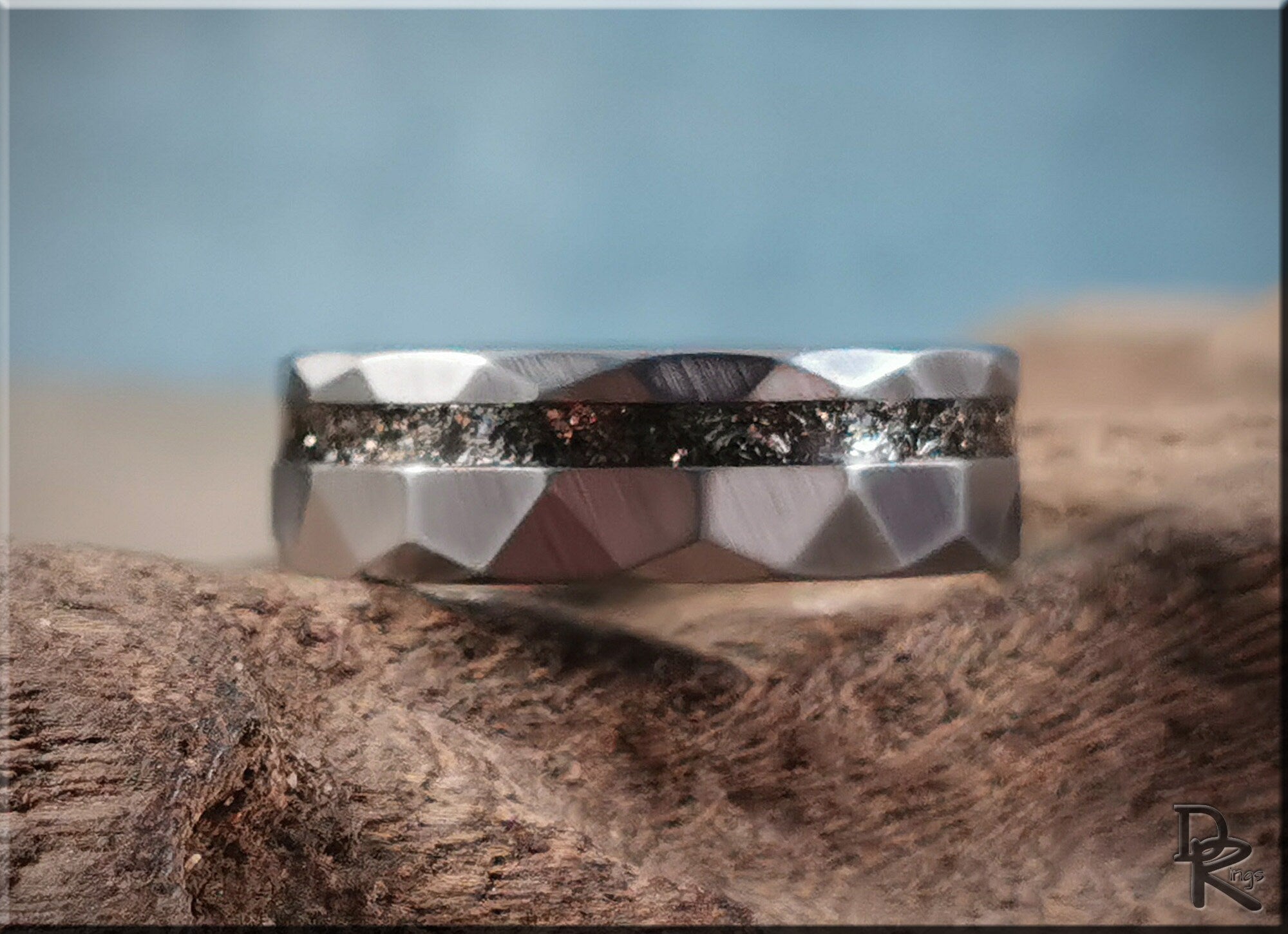 Hammered tungsten carbide ring with meteorite inlay featuring a textured silver band from DR Rings
