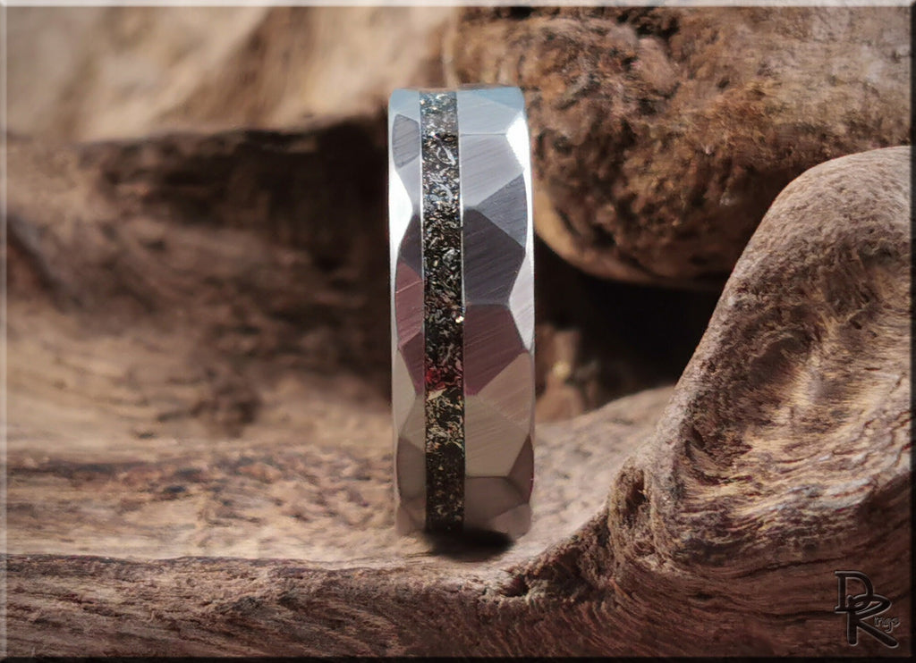 Hammered tungsten carbide ring with meteorite inlay showcasing textured silver finish by DR Rings