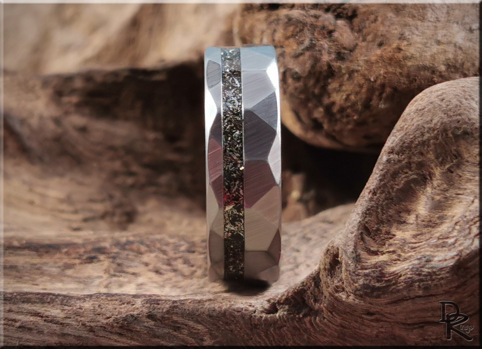 Hammered tungsten carbide ring with meteorite inlay showcasing textured silver finish by DR Rings