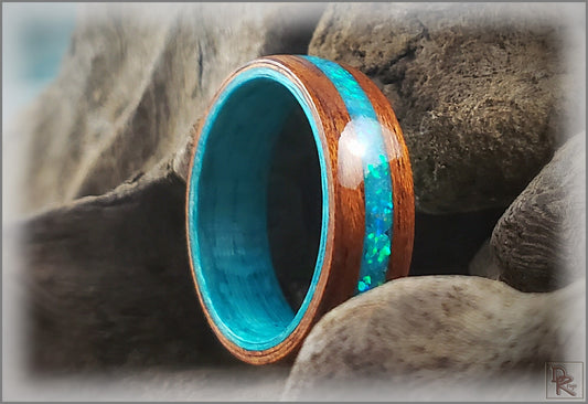 Dual Bentwood Ring - Honduran Mahogany w/Aqua Opal and Glow mix inlay, on bentwood Ocean Blue Koto ring core
