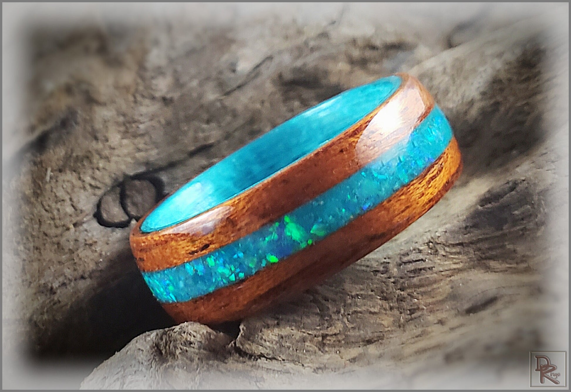 Dual Bentwood Ring - Honduran Mahogany w/Aqua Opal and Glow mix inlay, on bentwood Ocean Blue Koto ring core