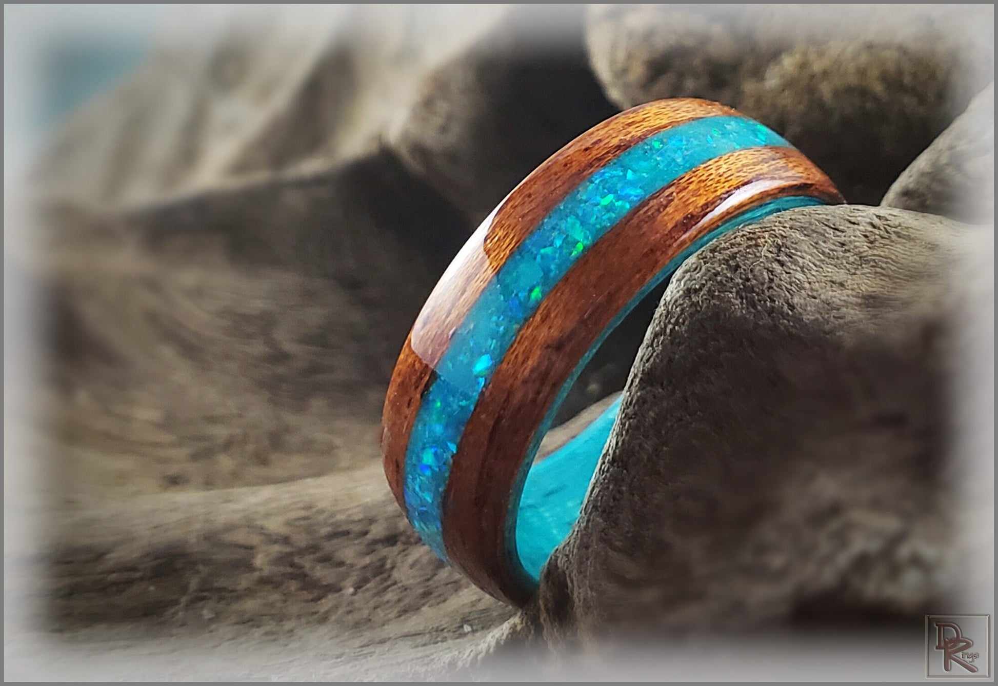 Dual Bentwood Ring - Honduran Mahogany w/Aqua Opal and Glow mix inlay, on bentwood Ocean Blue Koto ring core