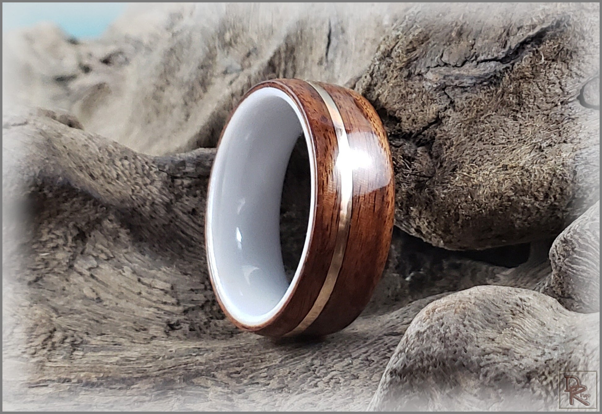 Bentwood Ring - Santos Rosewood w/offset Bronze wire inlay on polished white ceramic ring core - wood ring