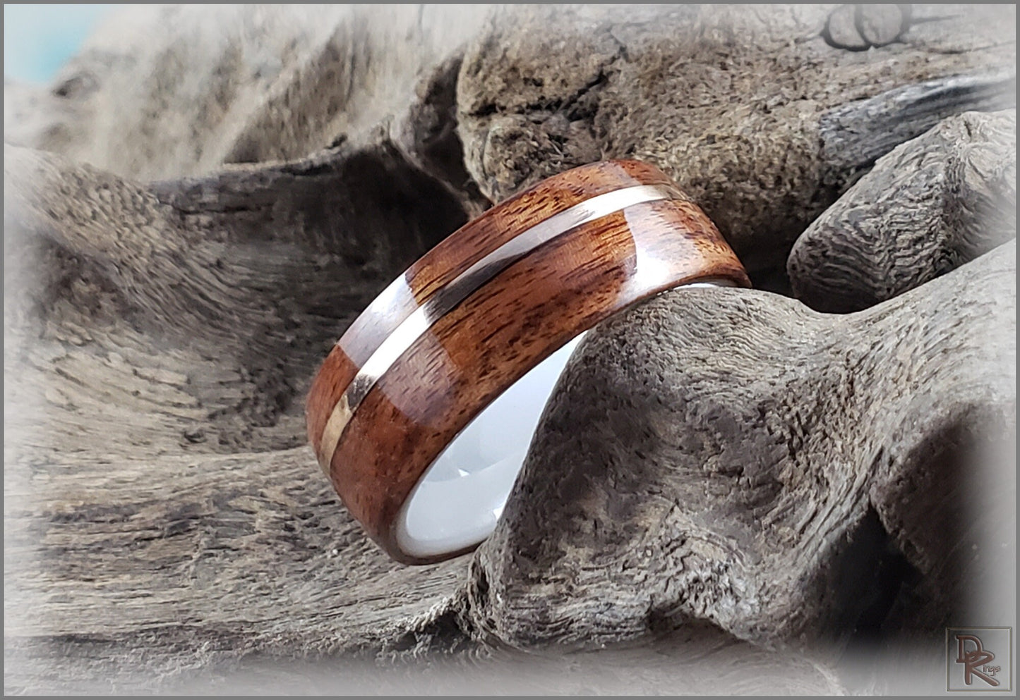 Bentwood Ring - Santos Rosewood w/offset Bronze wire inlay on polished white ceramic ring core - wood ring