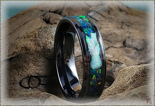 6mm Black Ceramic Channel Ring w/Black Emerald and Fire and Snow Opal chunk inlay - ceramic ring