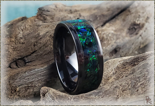 Black Ceramic Channel Ring w/Black Emerald Opal inlay - ceramic ring