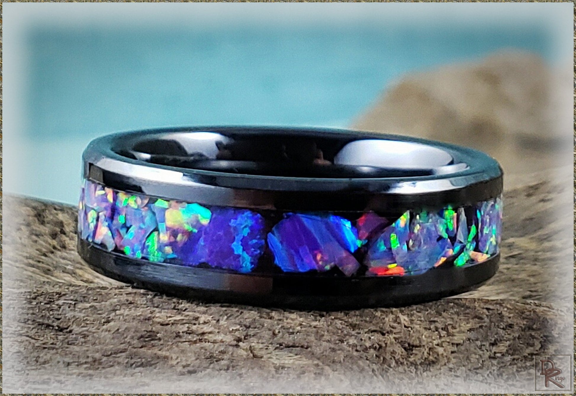Black Ceramic 6mm Channel Ring w/Multi Lavender and Orchid Opal chunk inlay - ceramic ring
