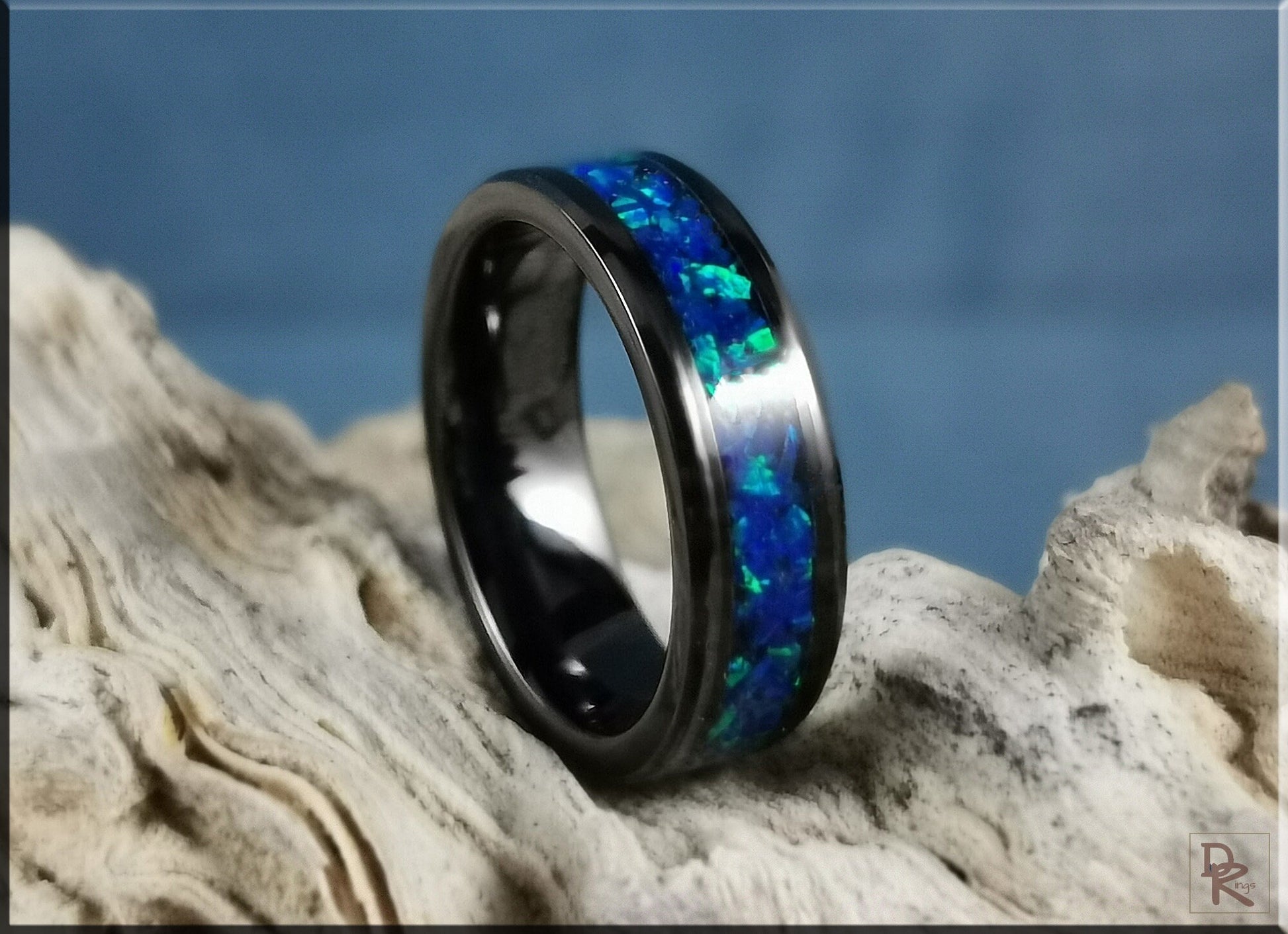 Polished Black Ceramic 6mm Channel Ring w/Opal inlay - ceramic ring
