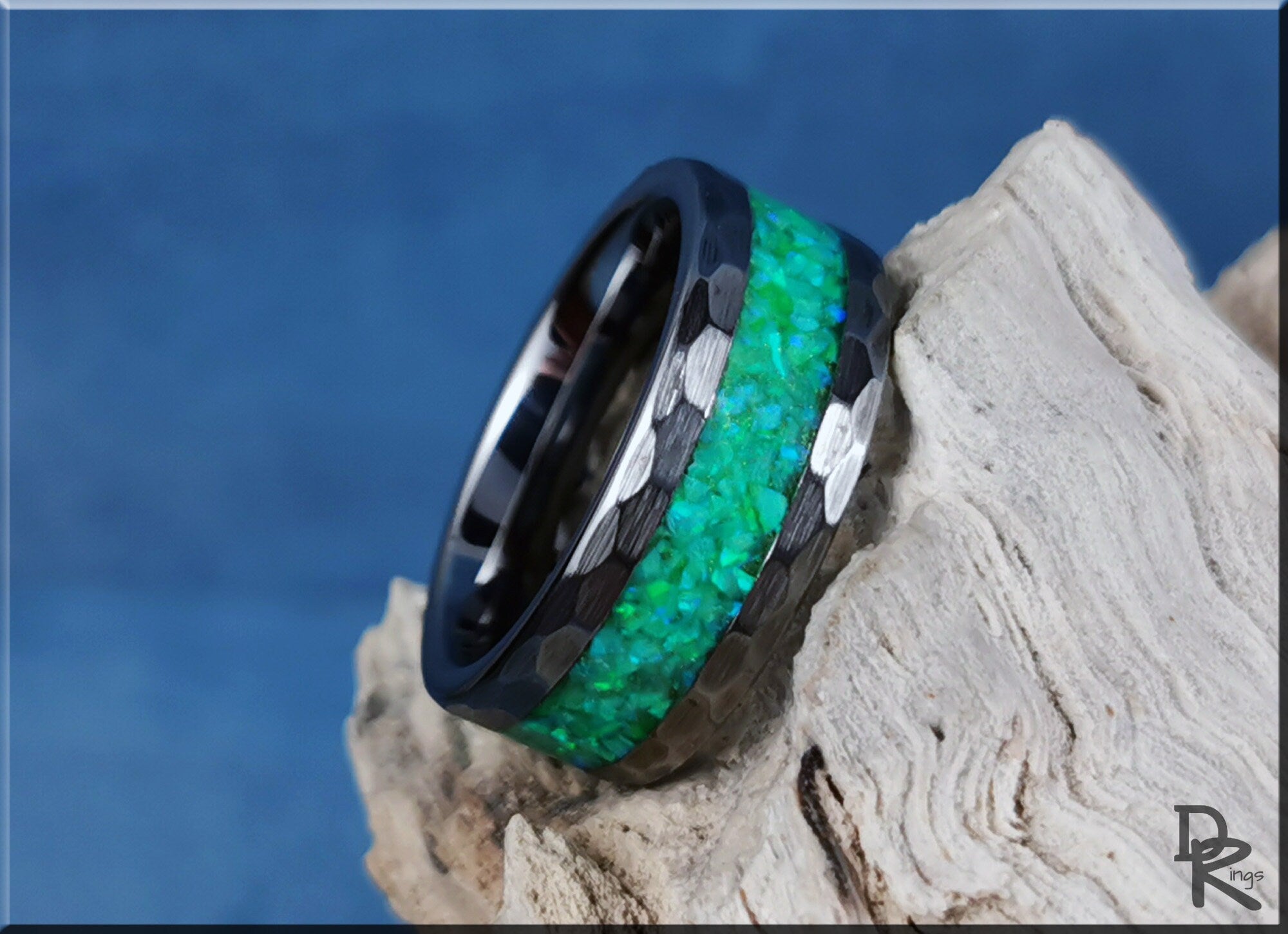 Hammered Tungsten Carbide Channel Ring w/Opal inlay - metal ring