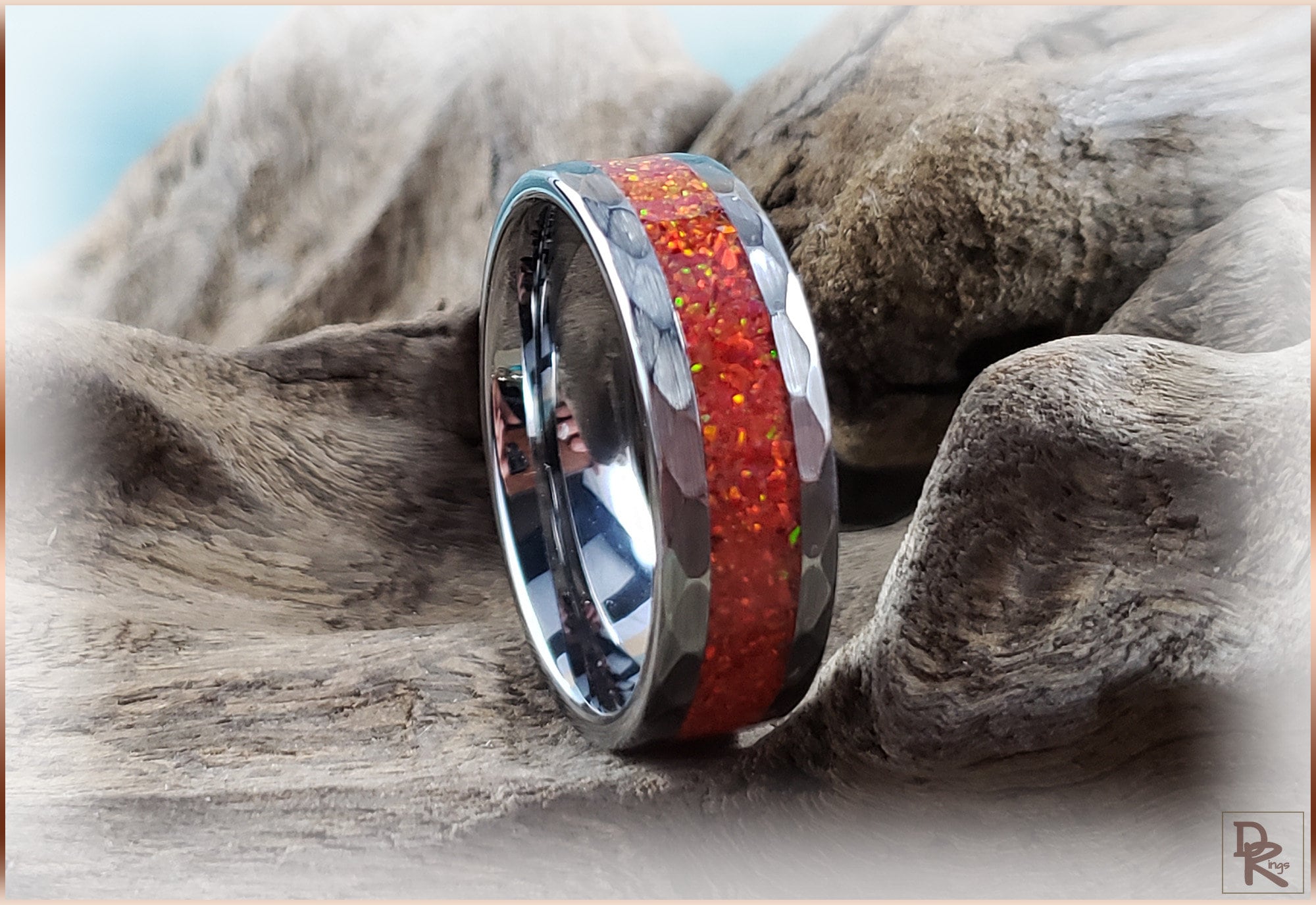 Hammered Tungsten Carbide Channel Ring w/Opal inlay - metal ring