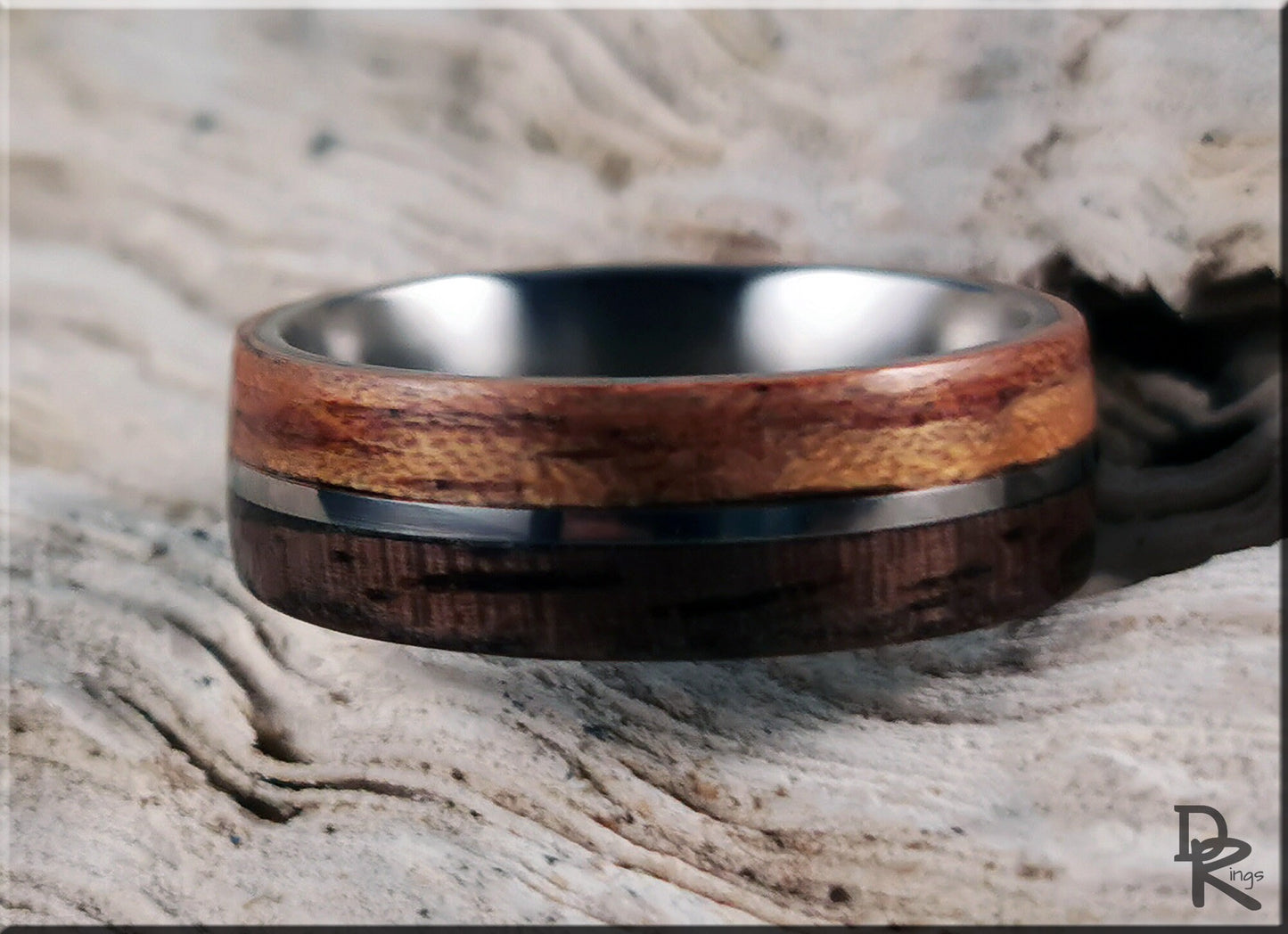 Dual Bentwood Ring - Curly Black Walnut and Figured Etimoe, on 7mm titanium T-Core - wood ring