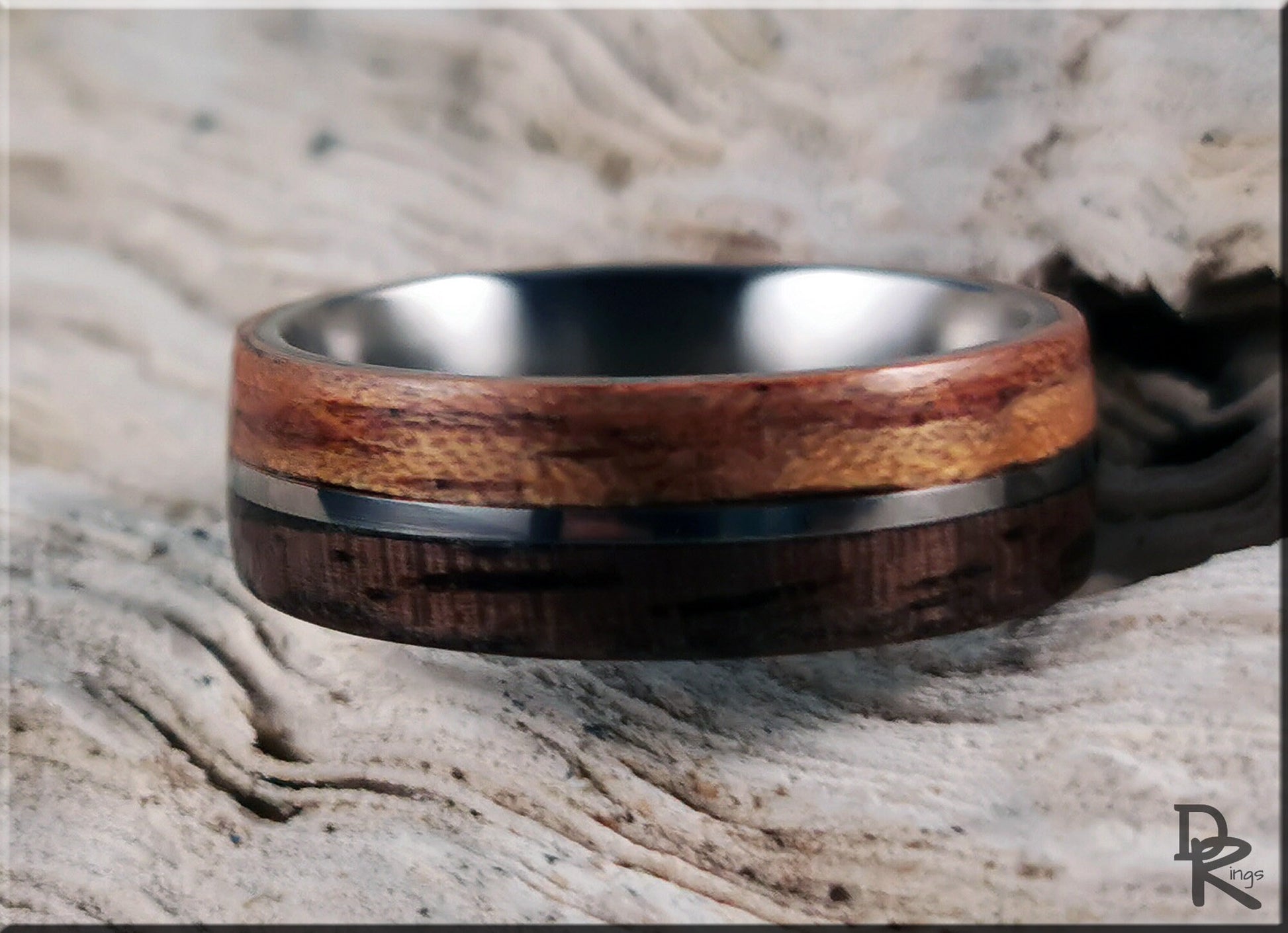 Dual Bentwood Ring - Curly Black Walnut and Figured Etimoe, on 7mm titanium T-Core - wood ring
