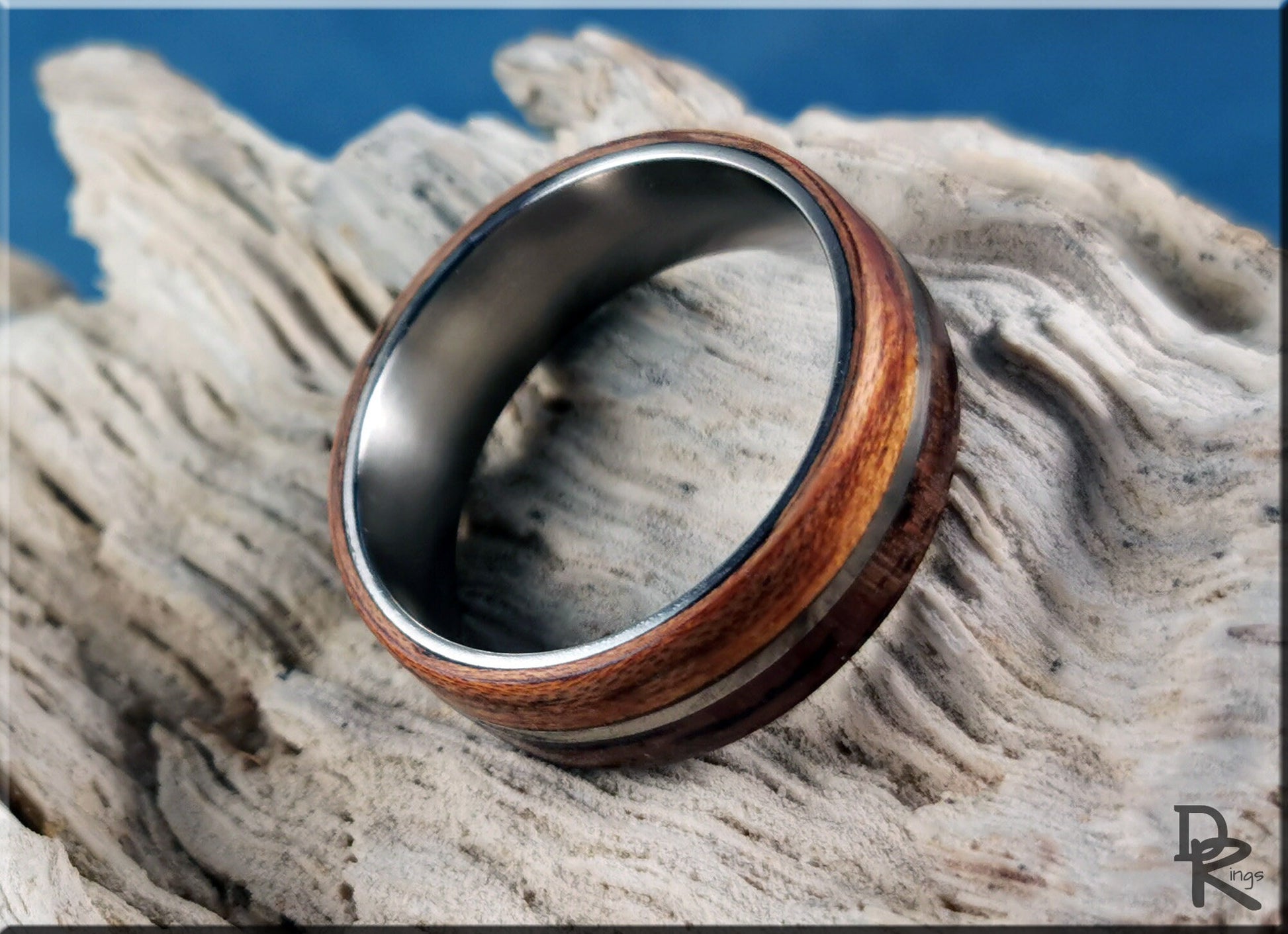 Dual Bentwood Ring - Curly Black Walnut and Figured Etimoe, on 7mm titanium T-Core - wood ring