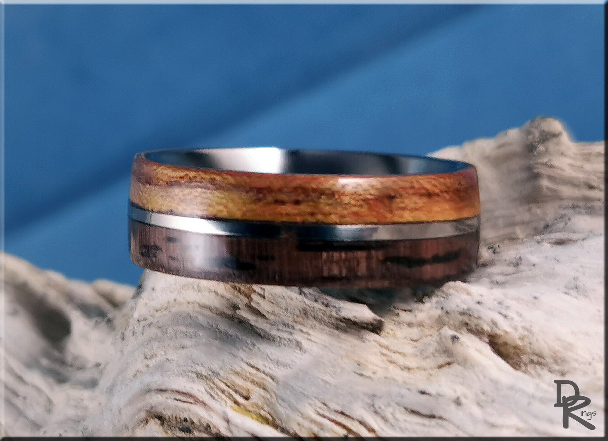 Dual Bentwood Ring - Curly Black Walnut and Figured Etimoe, on 7mm titanium T-Core - wood ring