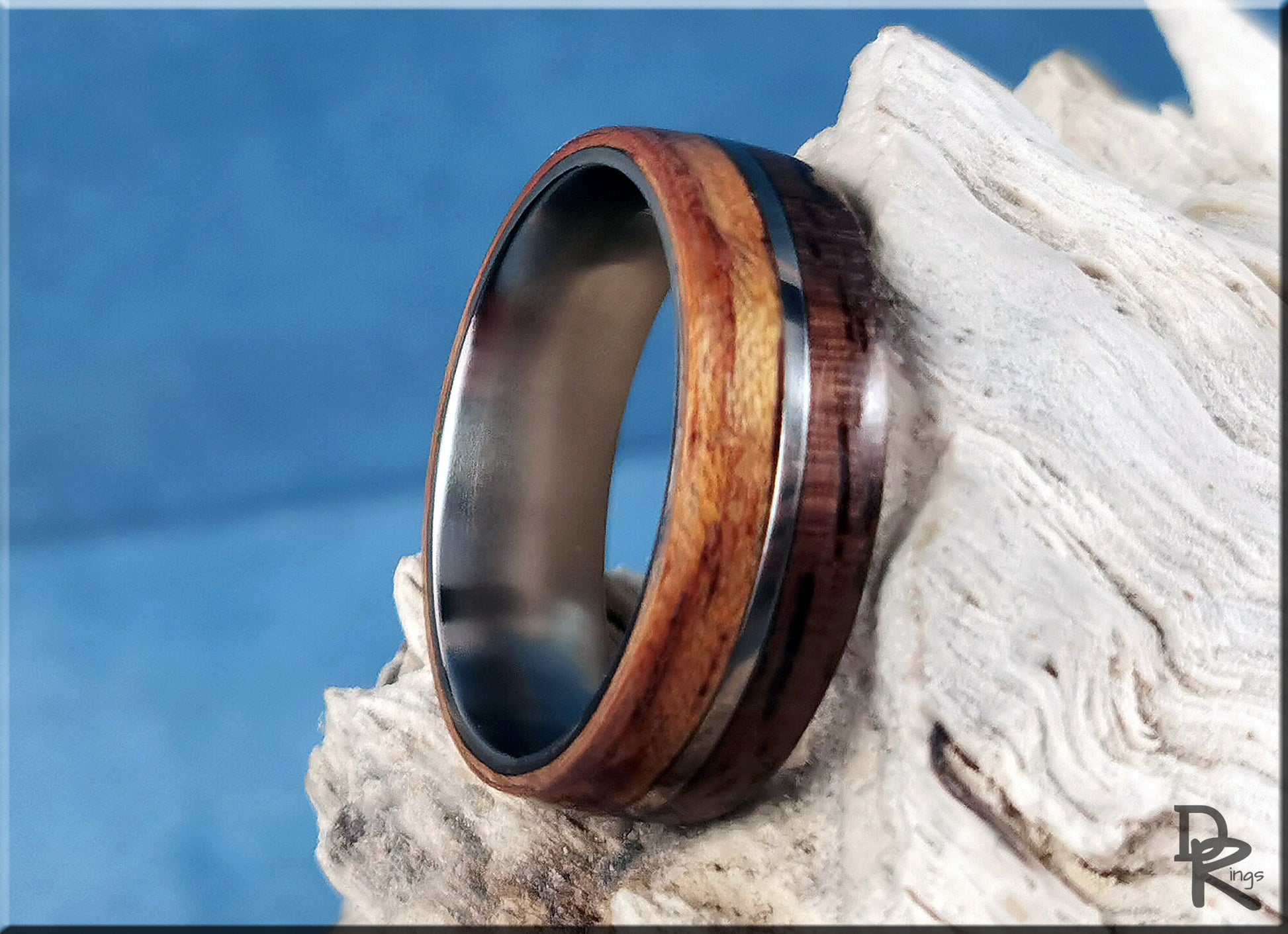 Dual Bentwood Ring - Curly Black Walnut and Figured Etimoe, on 7mm titanium T-Core - wood ring