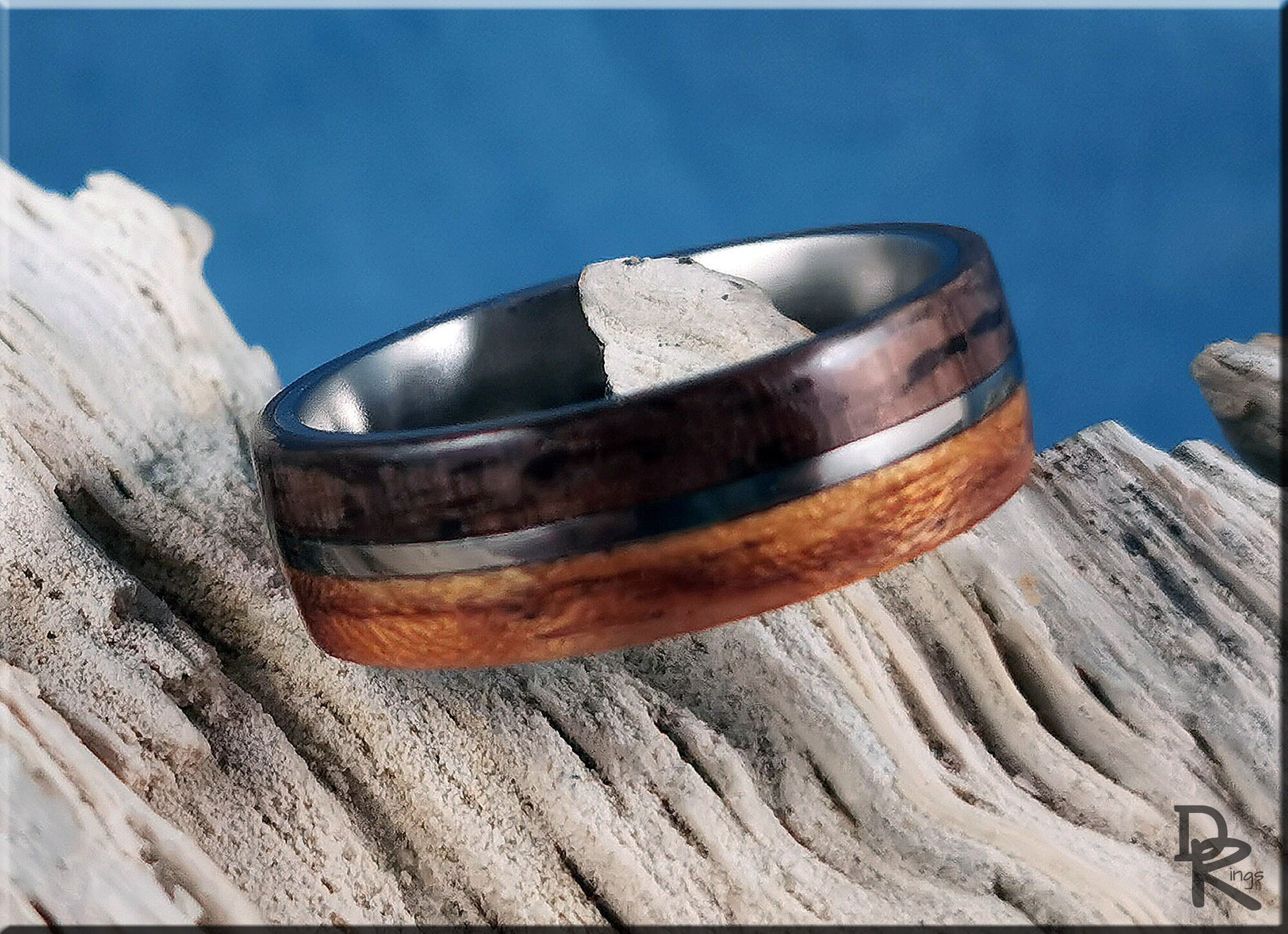 Dual Bentwood Ring - Curly Black Walnut and Figured Etimoe, on 7mm titanium T-Core - wood ring