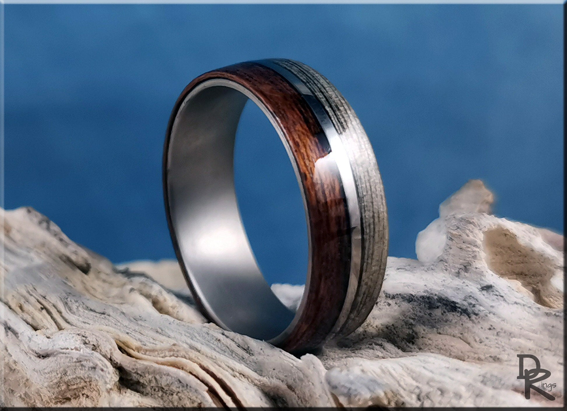 Dual Bentwood Ring - Harborica and Teak, on 7mm titanium T-Core - wood ring