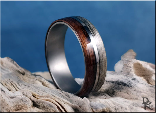 Dual Bentwood Ring - Harborica and Teak, on 7mm titanium T-Core - wood ring