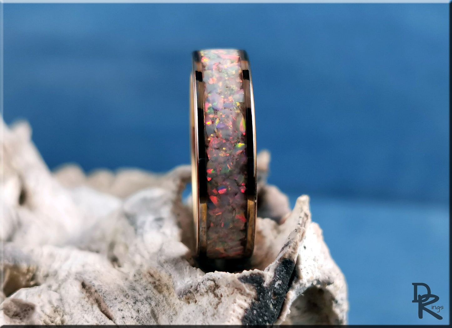 Rose Gold Plated Tungsten Carbide 6mm Channel Ring w/Sun and Ice opal inlay - metal ring