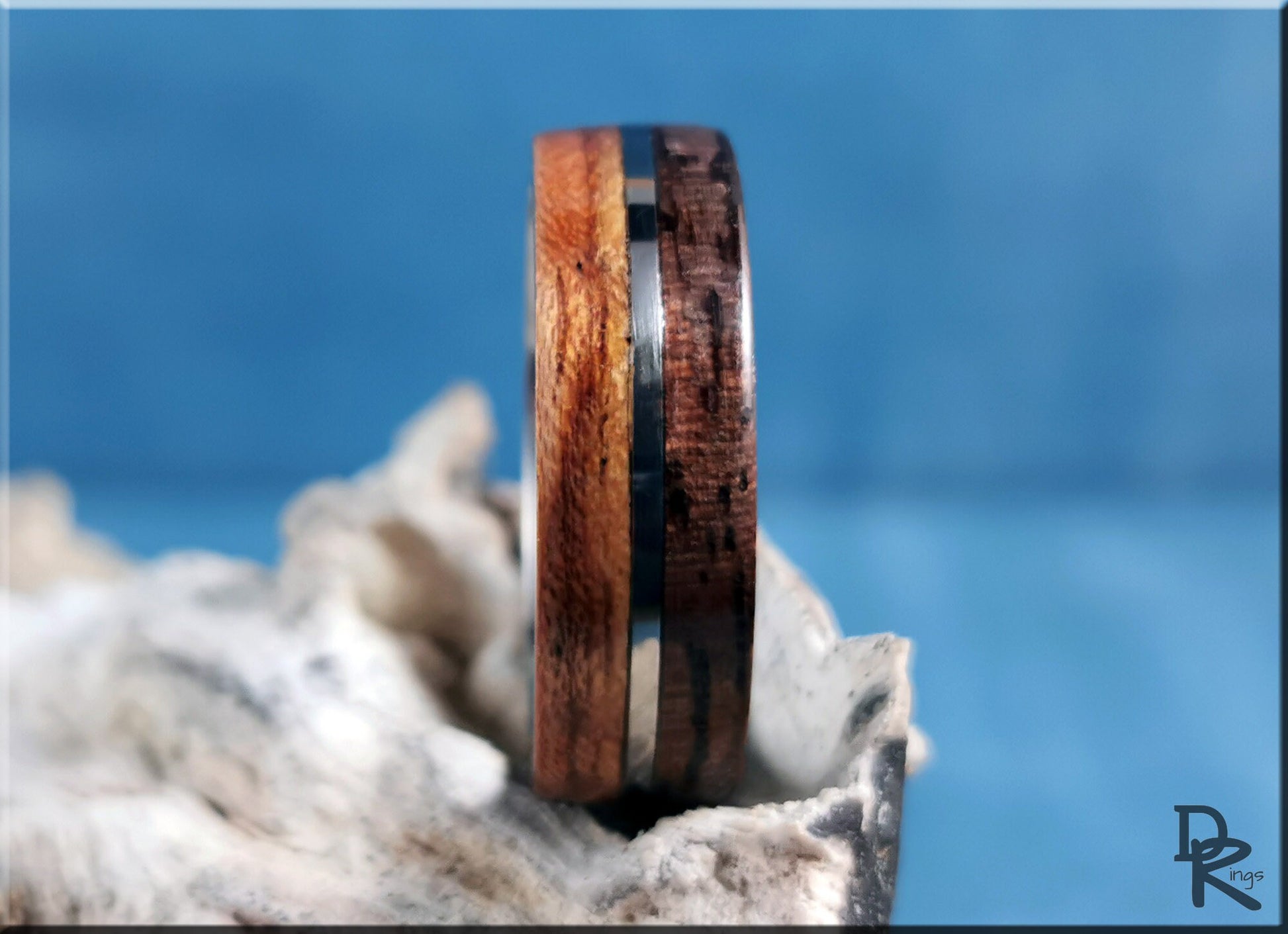 Dual Bentwood Ring - Curly Black Walnut and Figured Etimoe, on 7mm titanium T-Core - wood ring