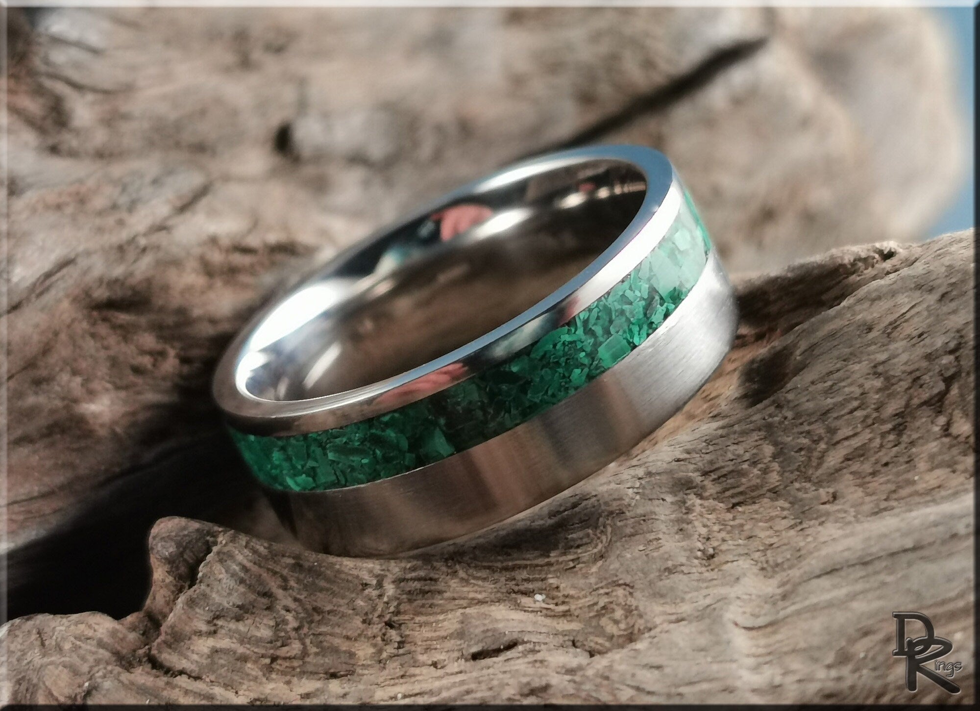 Titanium Offset 8mm Channel Ring w/Green Malachite Stone inlay