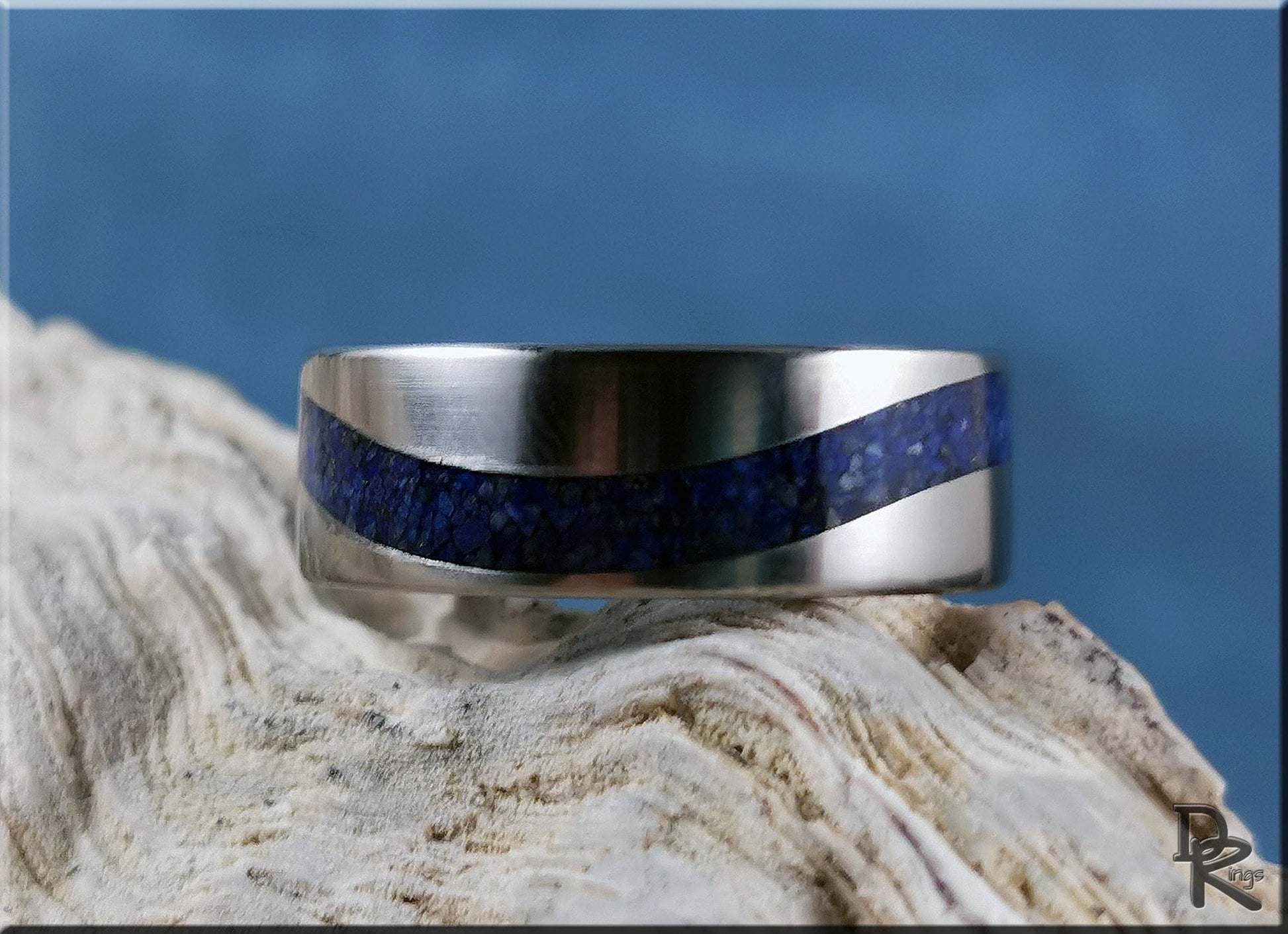 Titanium Wave 8mm Channel Ring w/Lapis Lazuli inlay - metal ring