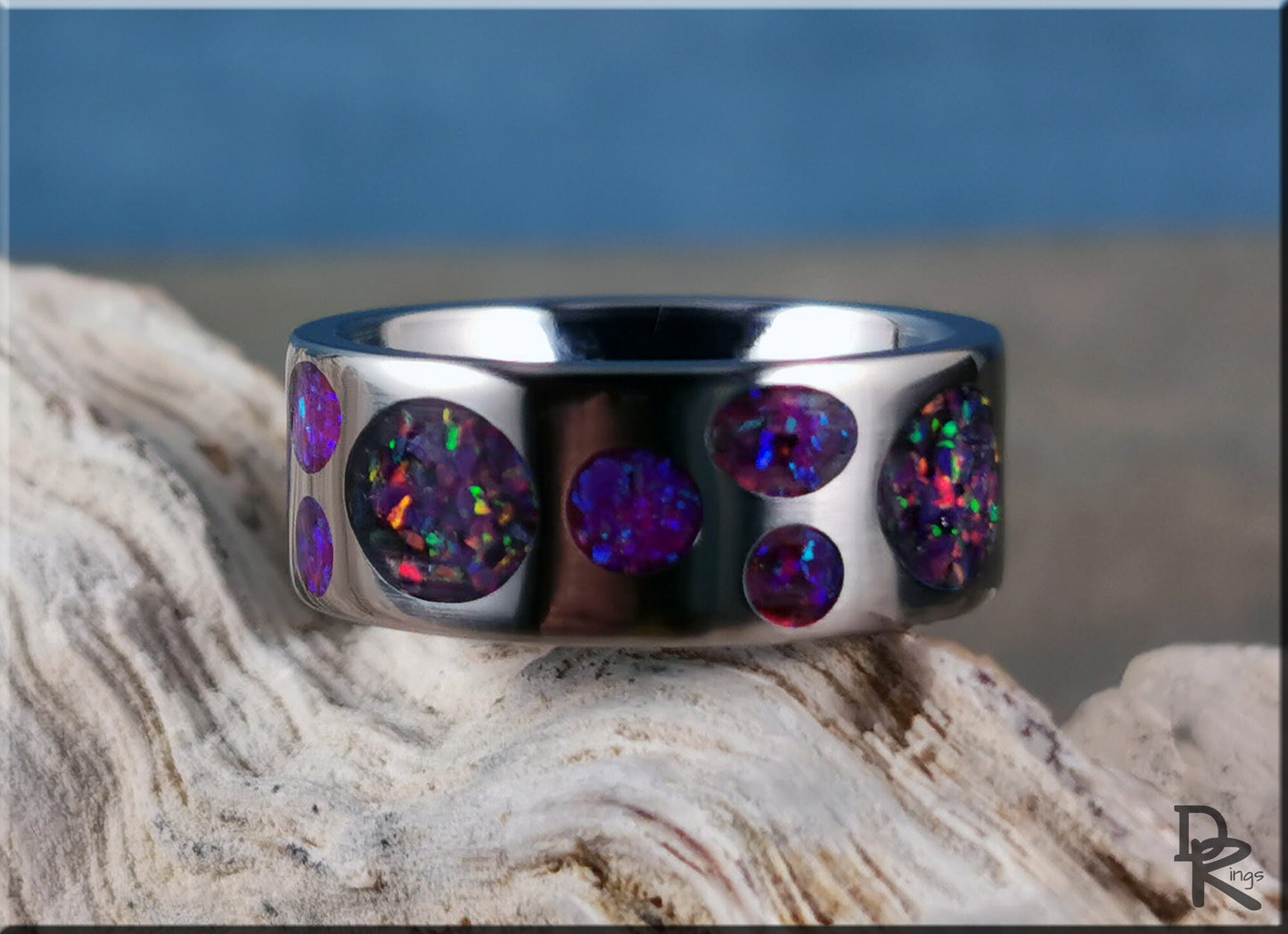 Titanium Circle Pattern Ring w/Dual Opal inlay - metal ring