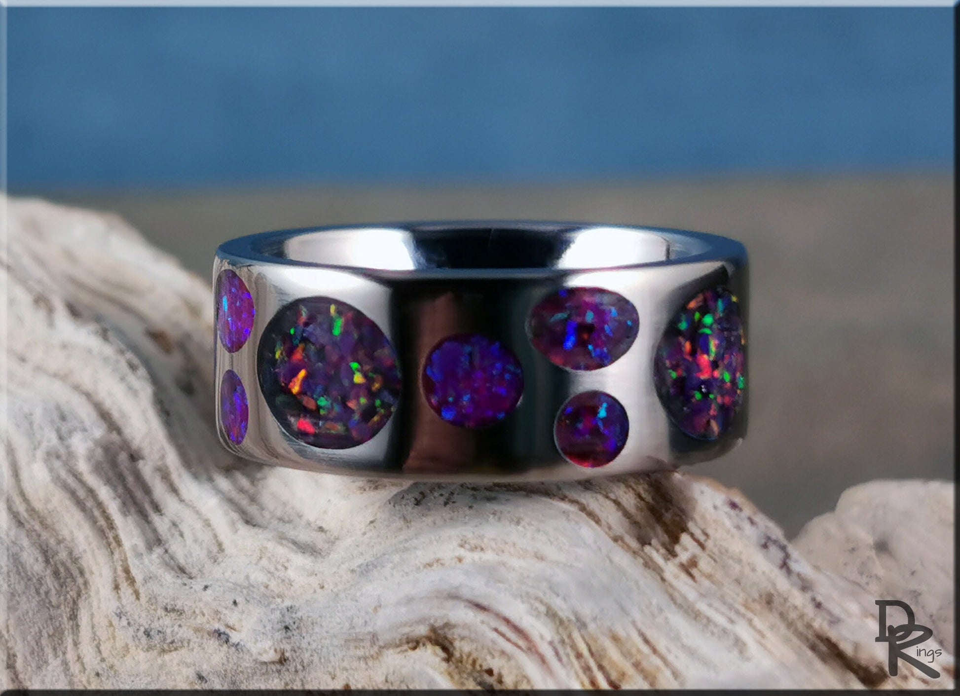 Titanium Circle Pattern Ring w/Dual Opal inlay - metal ring