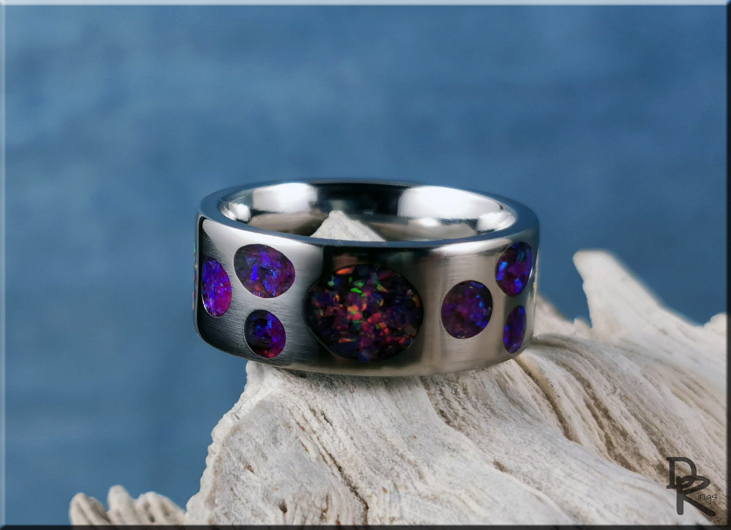 Titanium Circle Pattern Ring w/Dual Opal inlay - metal ring