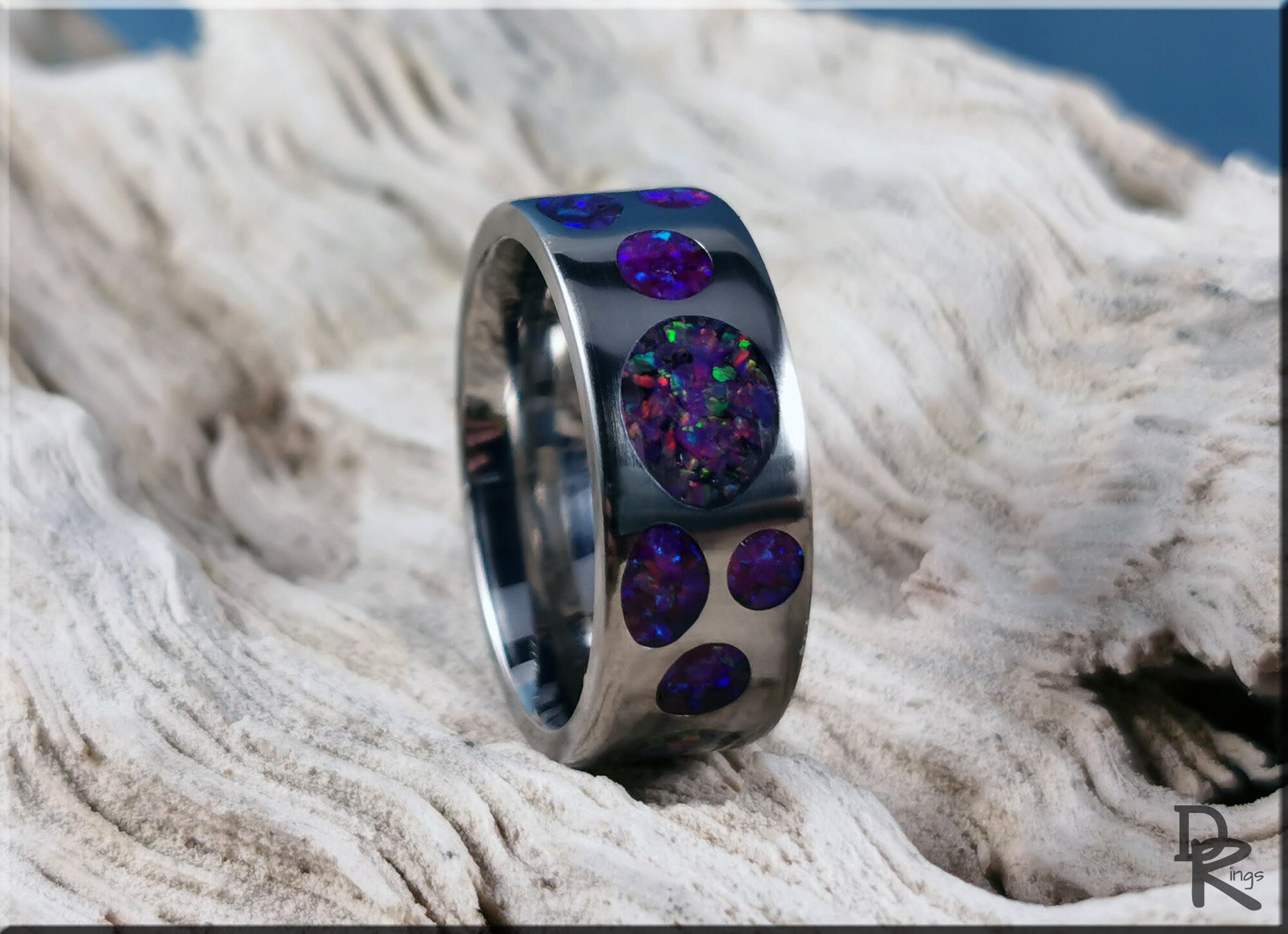 Titanium Circle Pattern Ring w/Dual Opal inlay - metal ring