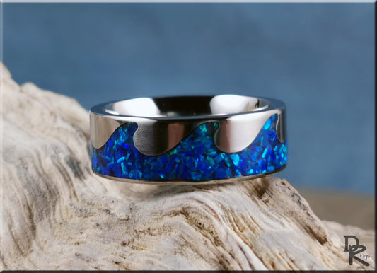 Titanium Ocean Pattern Ring w/Opal inlay - metal ring