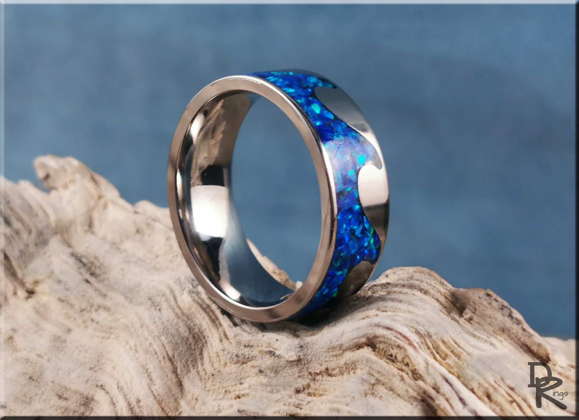 Titanium Ocean Pattern Ring w/Opal inlay - metal ring