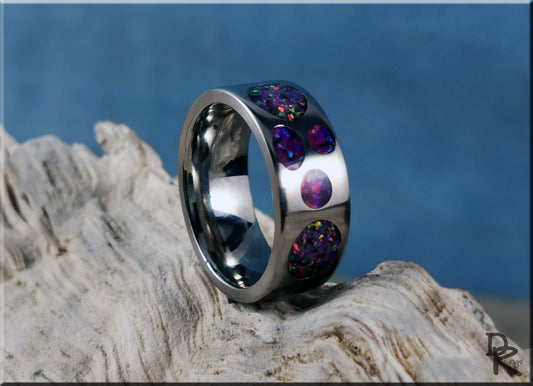 Titanium Circle Pattern Ring w/Dual Opal inlay - metal ring