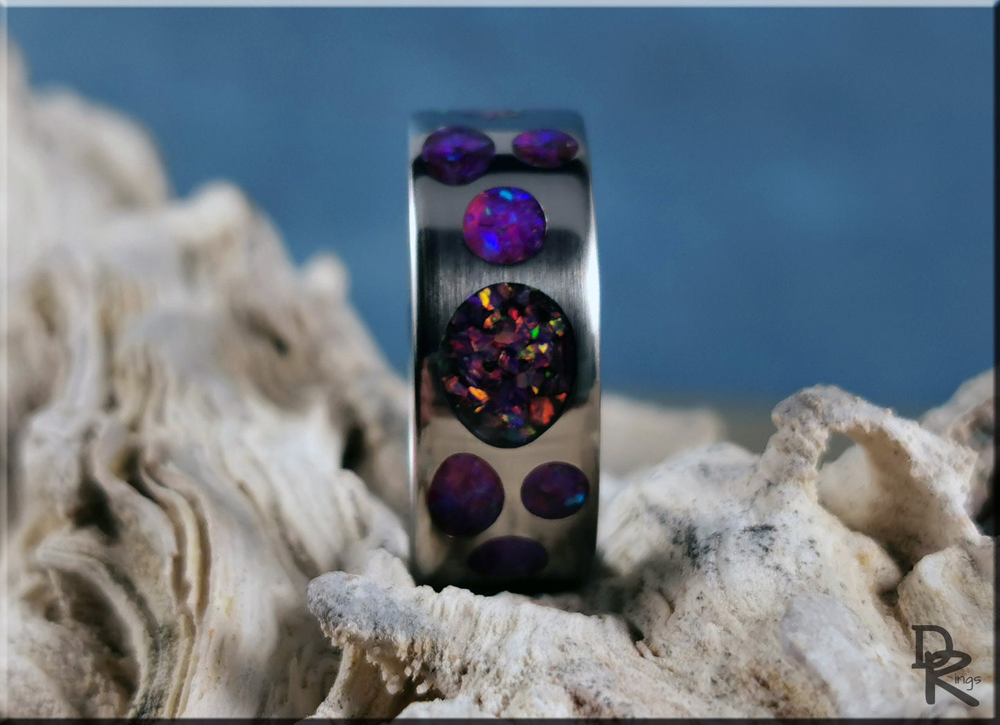 Titanium Circle Pattern Ring w/Dual Opal inlay - metal ring