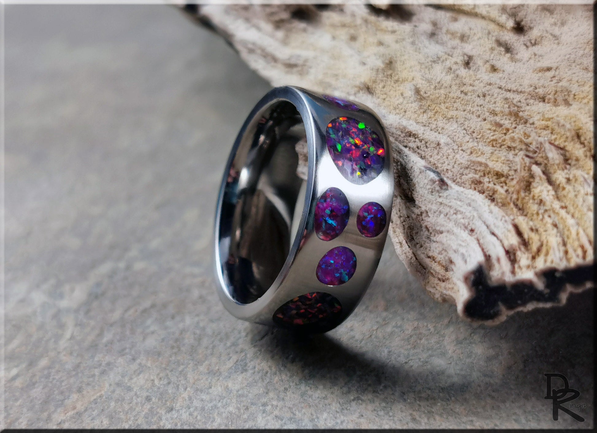 Titanium Circle Pattern Ring w/Dual Opal inlay - metal ring