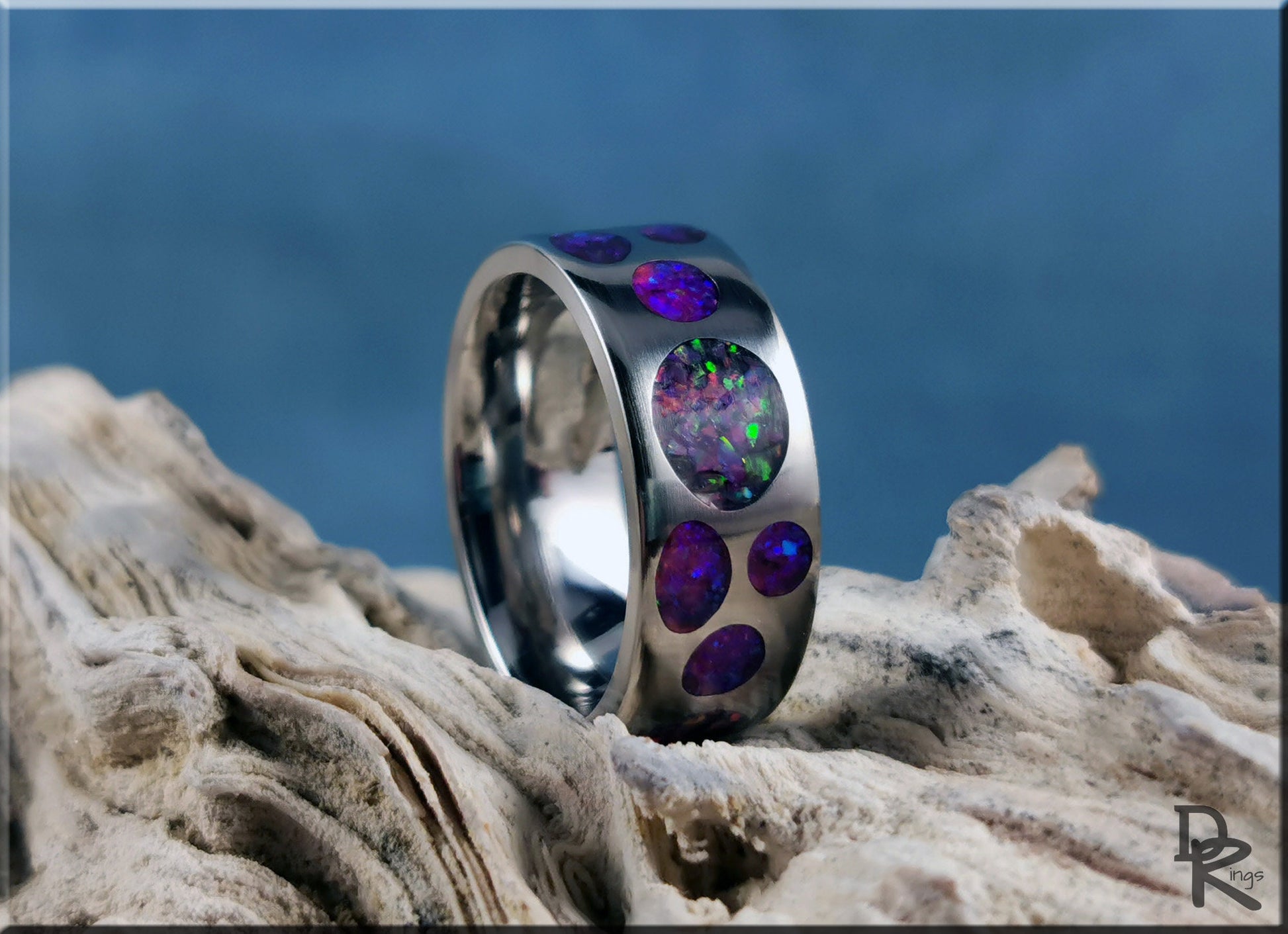 Titanium Circle Pattern Ring w/Dual Opal inlay - metal ring