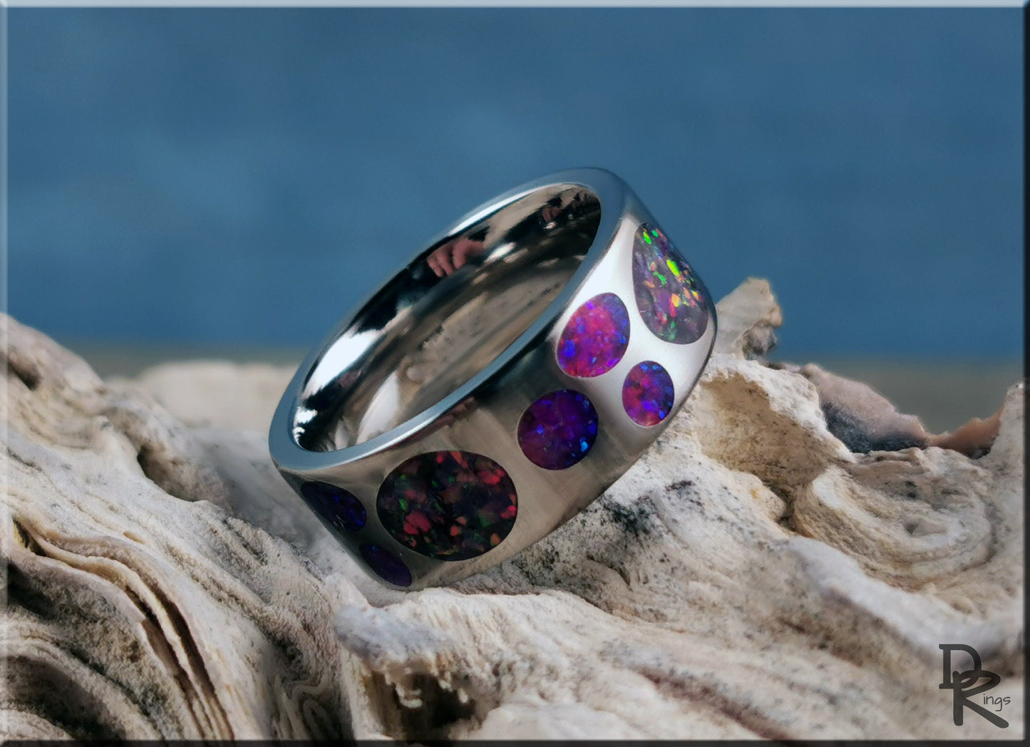 Titanium Circle Pattern Ring w/Dual Opal inlay - metal ring