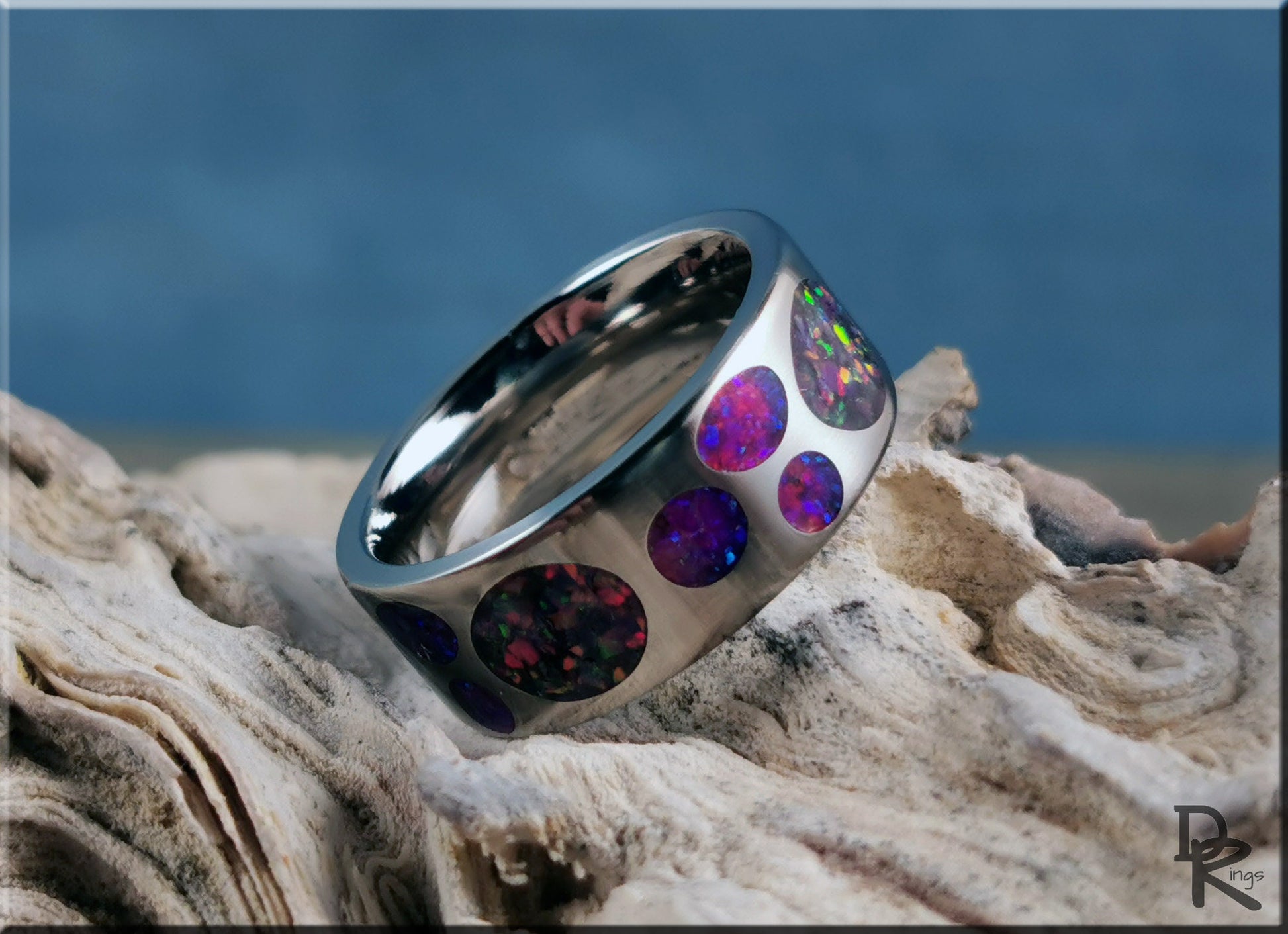 Titanium Circle Pattern Ring w/Dual Opal inlay - metal ring