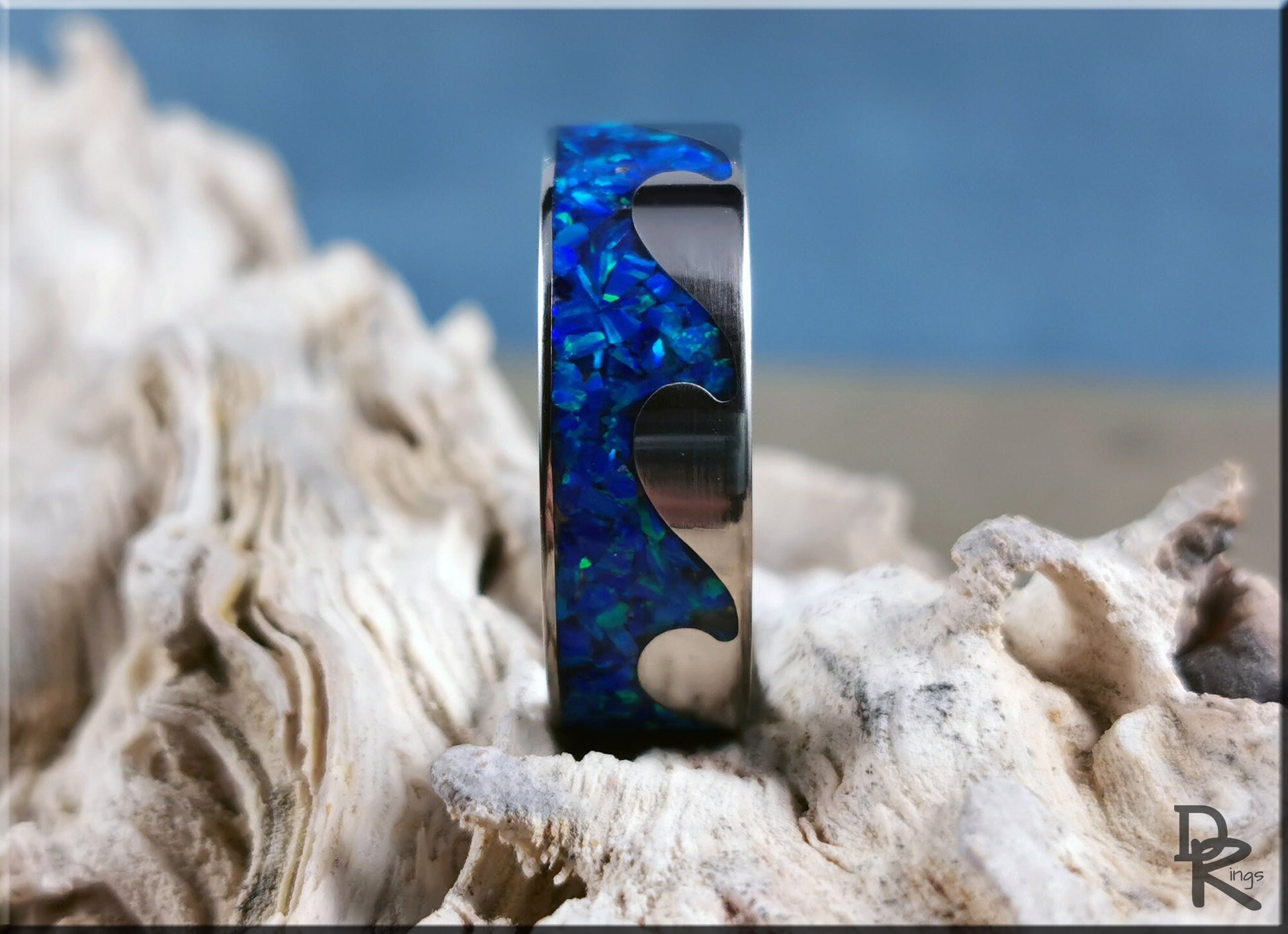 Titanium Ocean Pattern Ring w/Opal inlay - metal ring