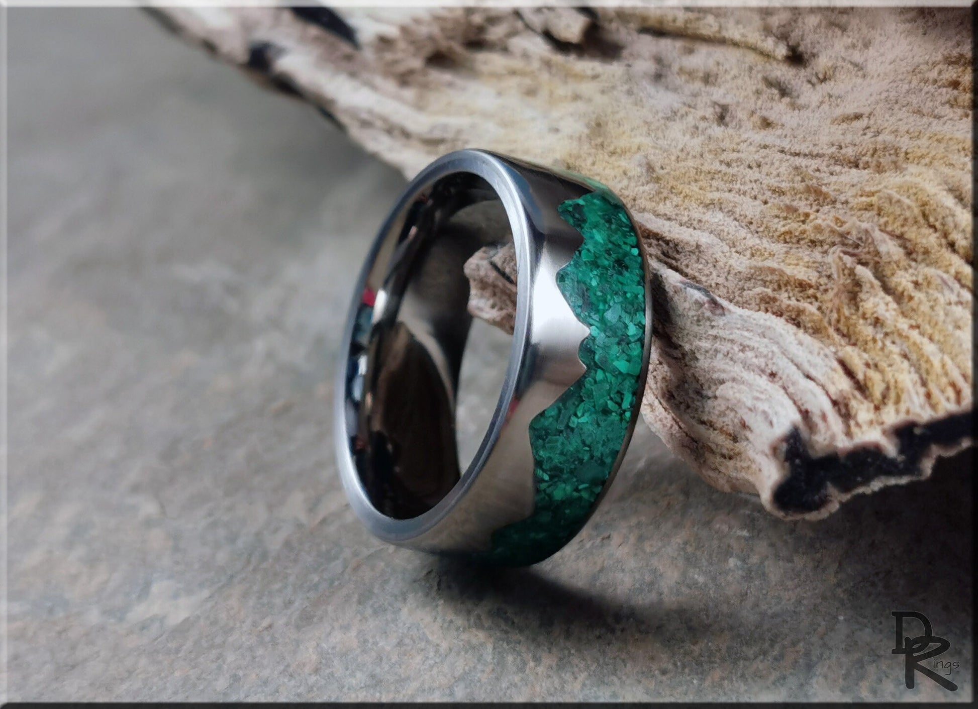 Titanium Mountain Pattern Ring w/Green Malachite stone inlay - metal ring