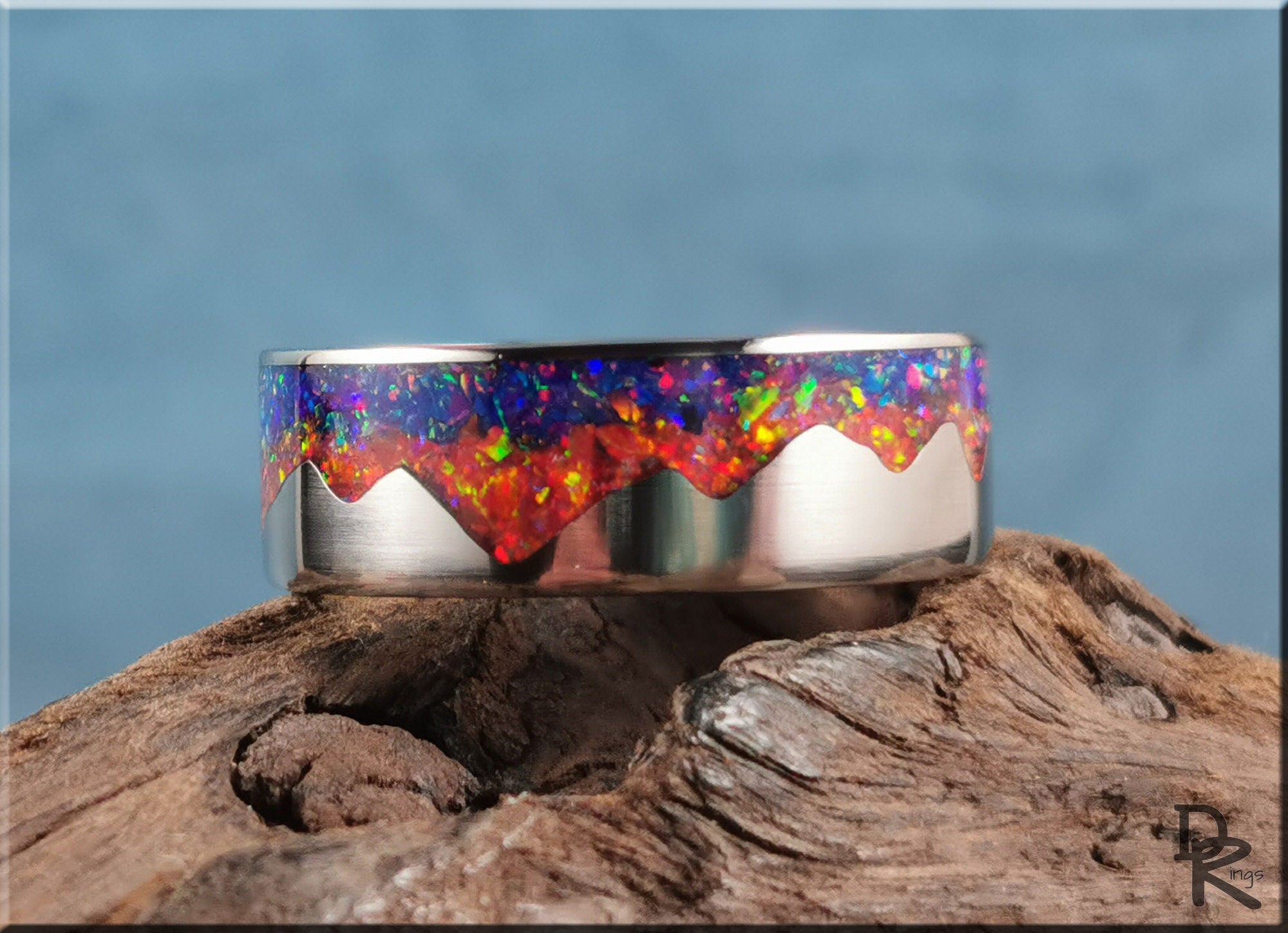 Titanium 'Sunset Mountain' Ring w/Multi-opal inlay - metal ring – DR Rings