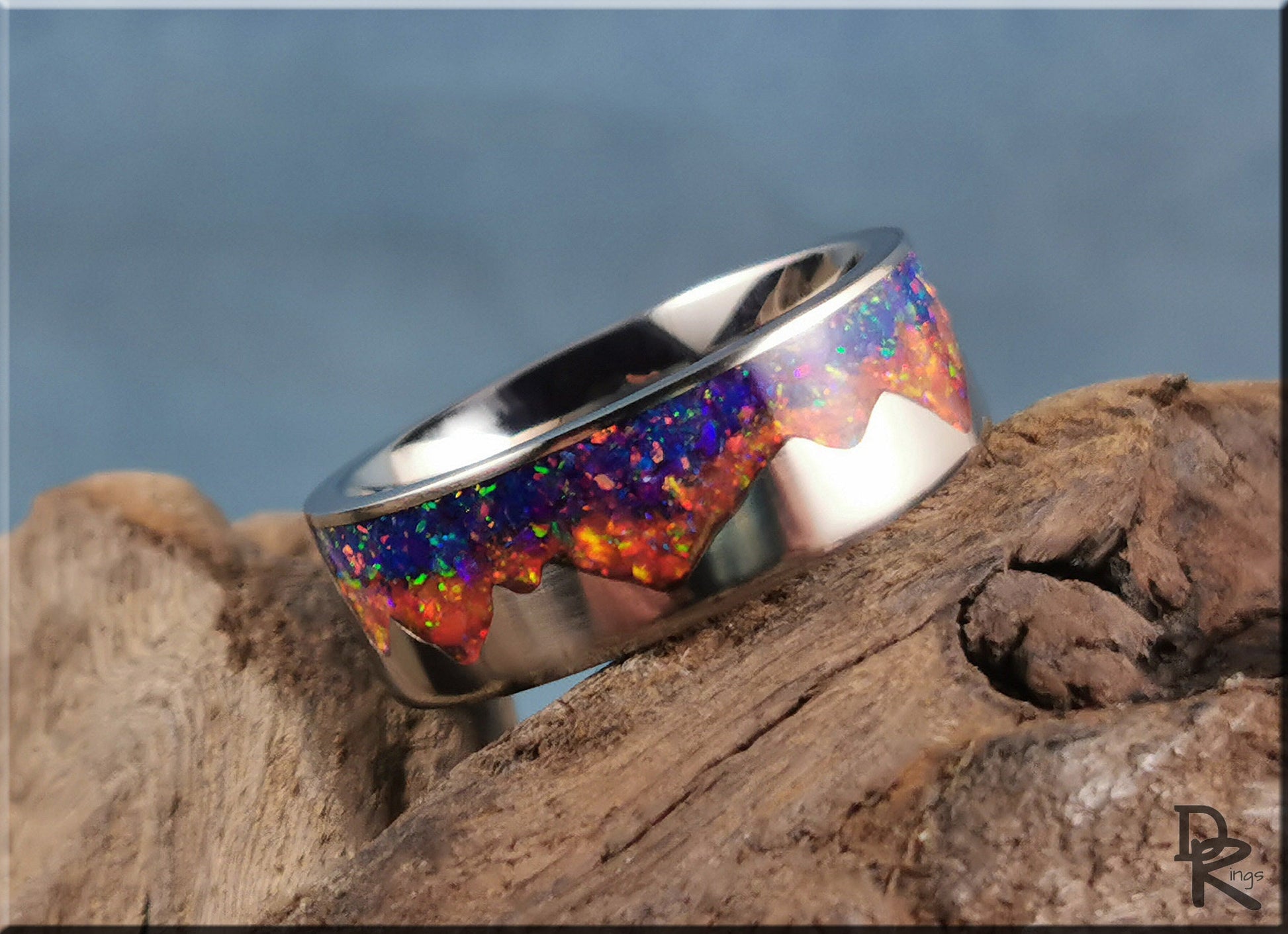 Titanium 'Sunset Mountain' Ring w/Multi-opal inlay - metal ring